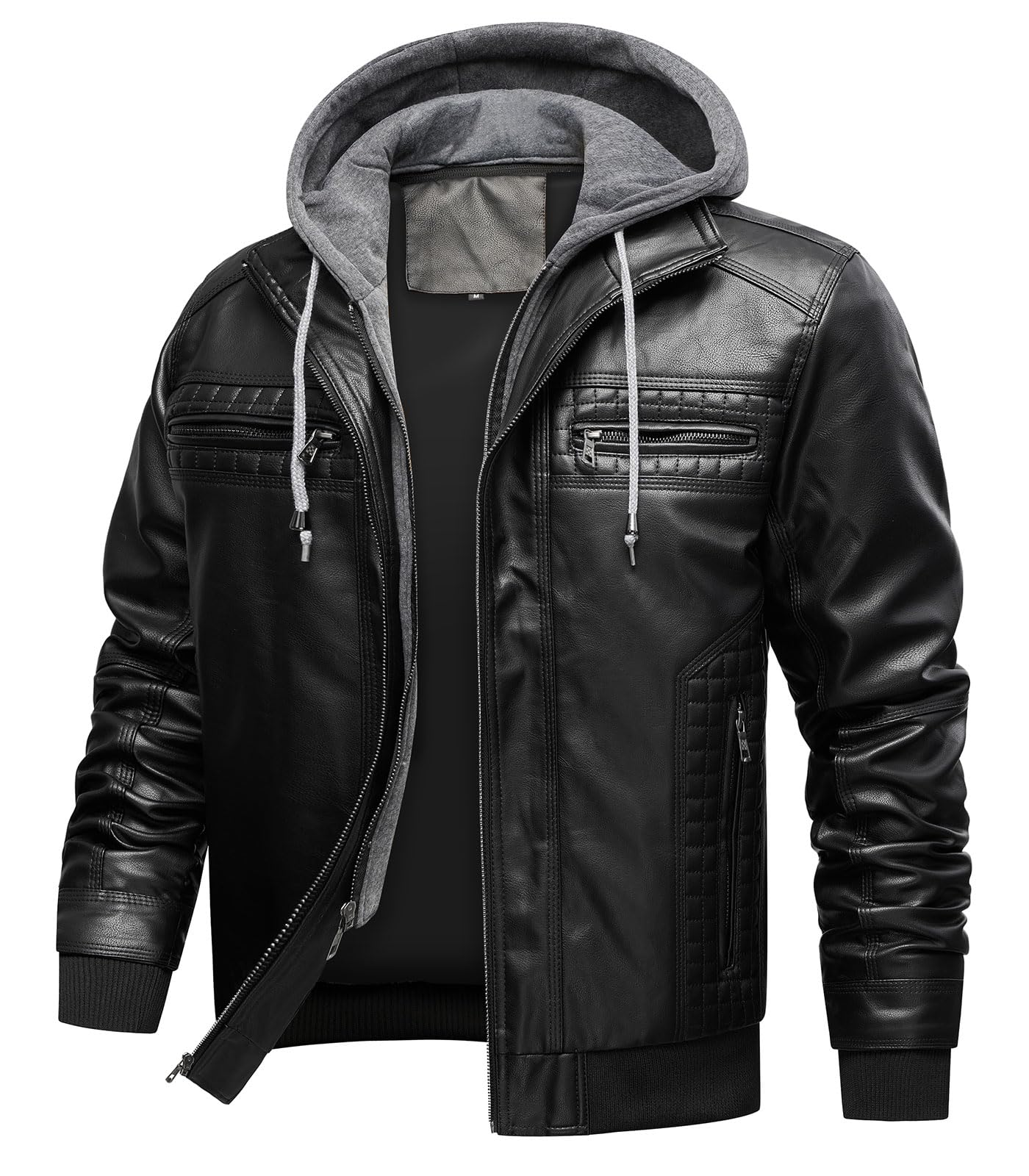 INVACHI Men's Faux Leather Motorcycle Jacket with Removable Hood, Black
