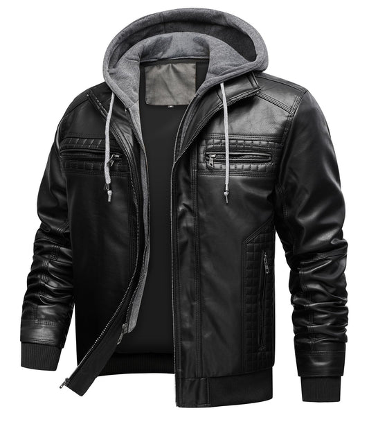 INVACHI Men's Faux Leather Motorcycle Jacket with Removable Hood, Black