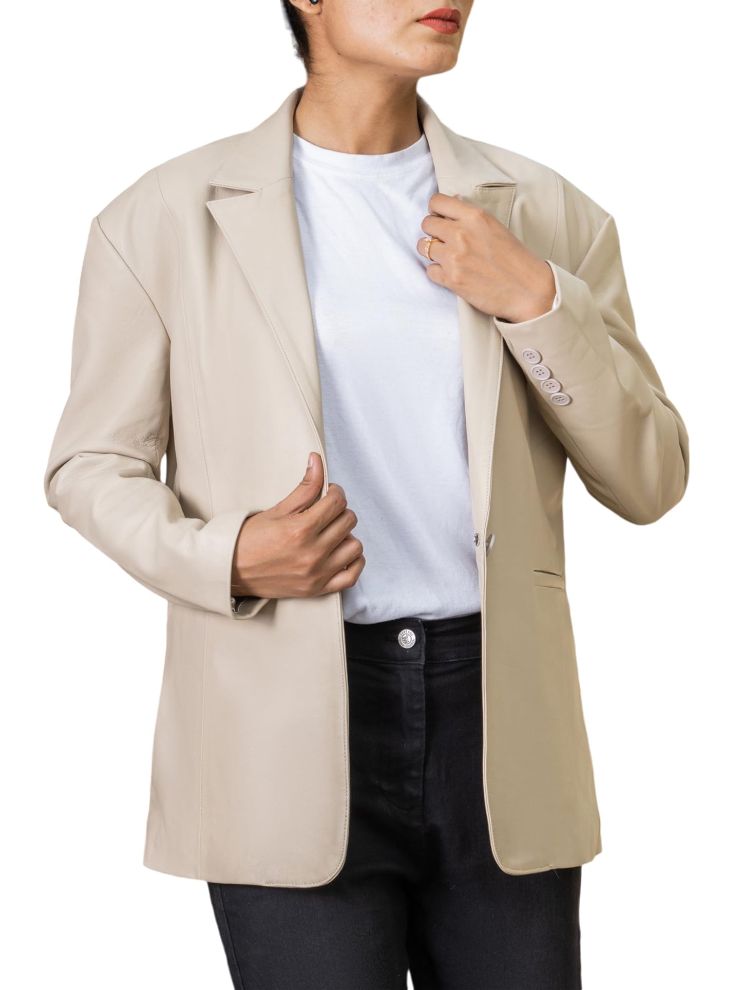 Jild Oversized Lambskin Leather Blazer Women - Business Casual Coat Plus Size Leather Jacket Women (OB-A.White-M)