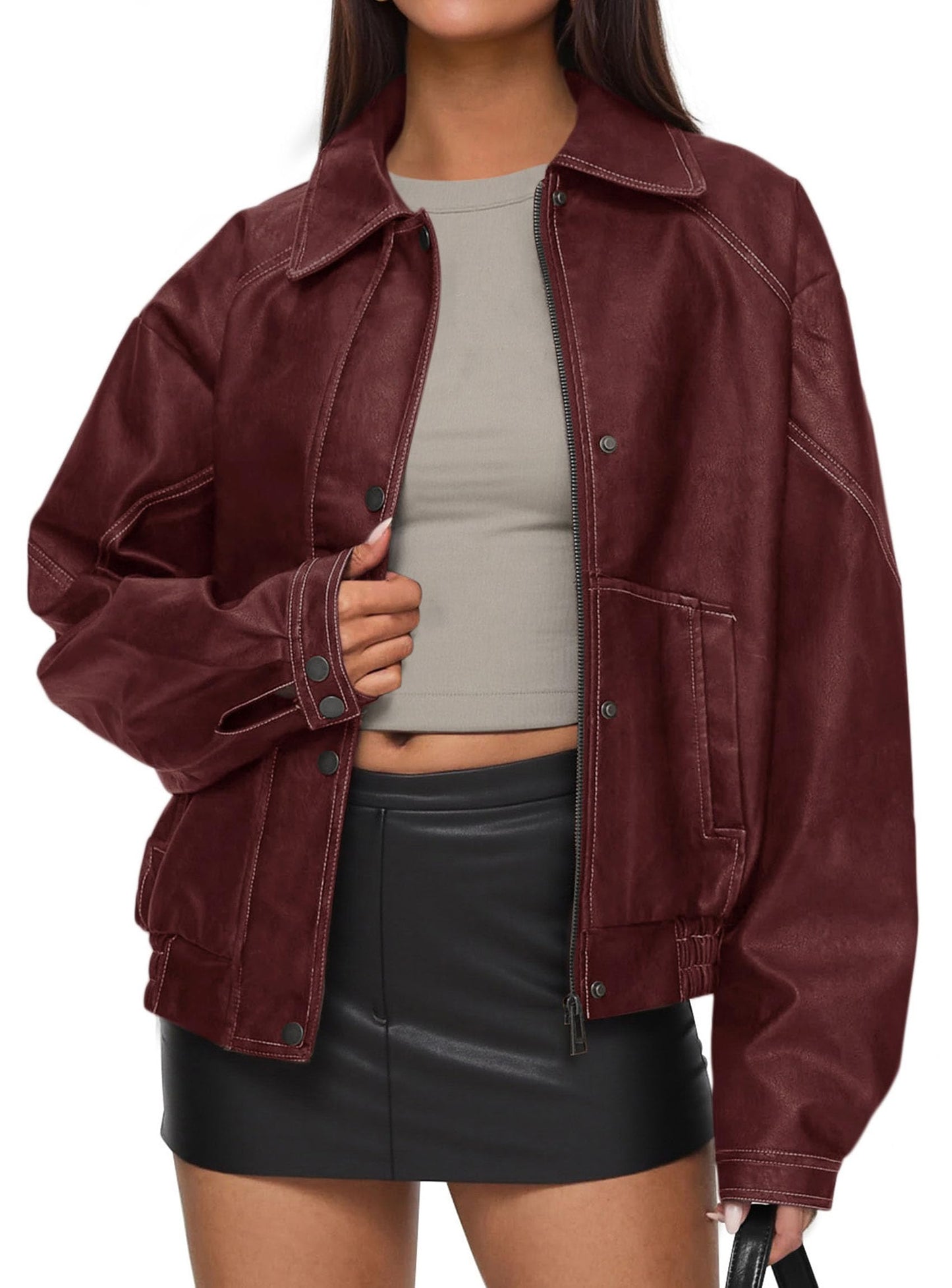 PRETTYGARDEN Faux Leather Jacket Women Bomber Motorcycle Zip Up Jackets Oversized Fall Fashion Outfits 2026 Winter Coats (Wine Red,Medium)