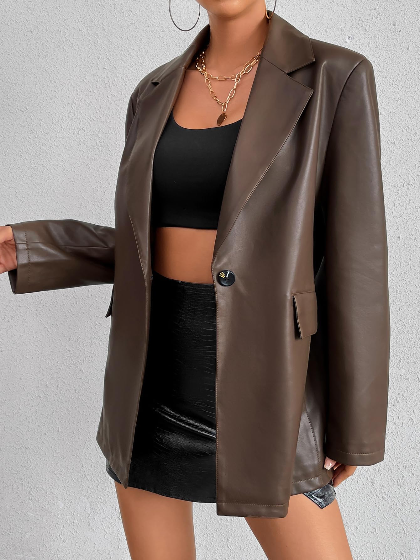 Muzly Women's Faux Leather Jacket Notch Lapel Wide Shoulder Single Button Flap Pockets Pu Leather Jackets Blazer (Brown L)