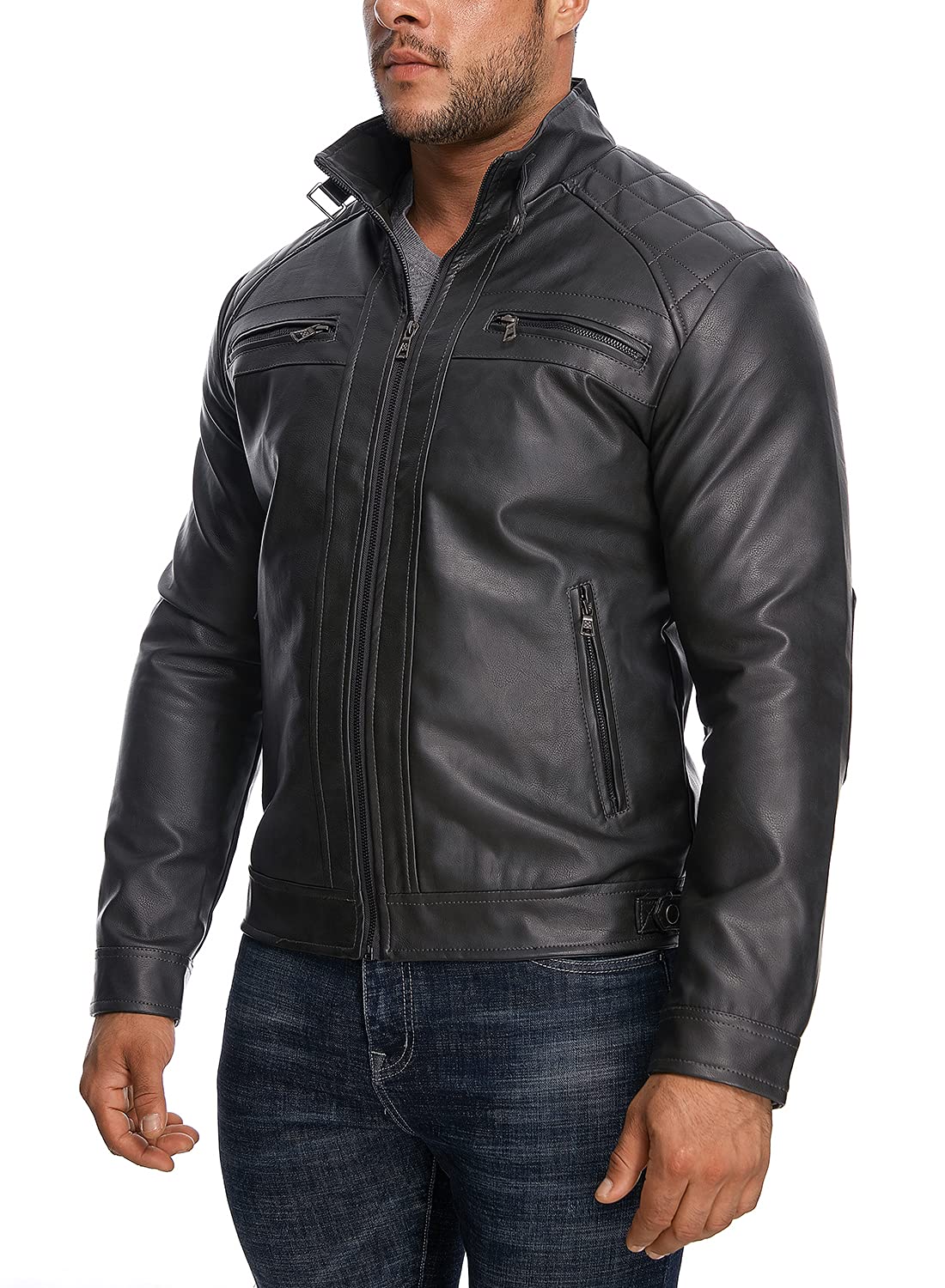 HOOD CREW Men’s Stand Collar Leather Jacket Casual Faux Leather Motorcycle Jacket Outerwear Coat with Zipper Pockets Black L