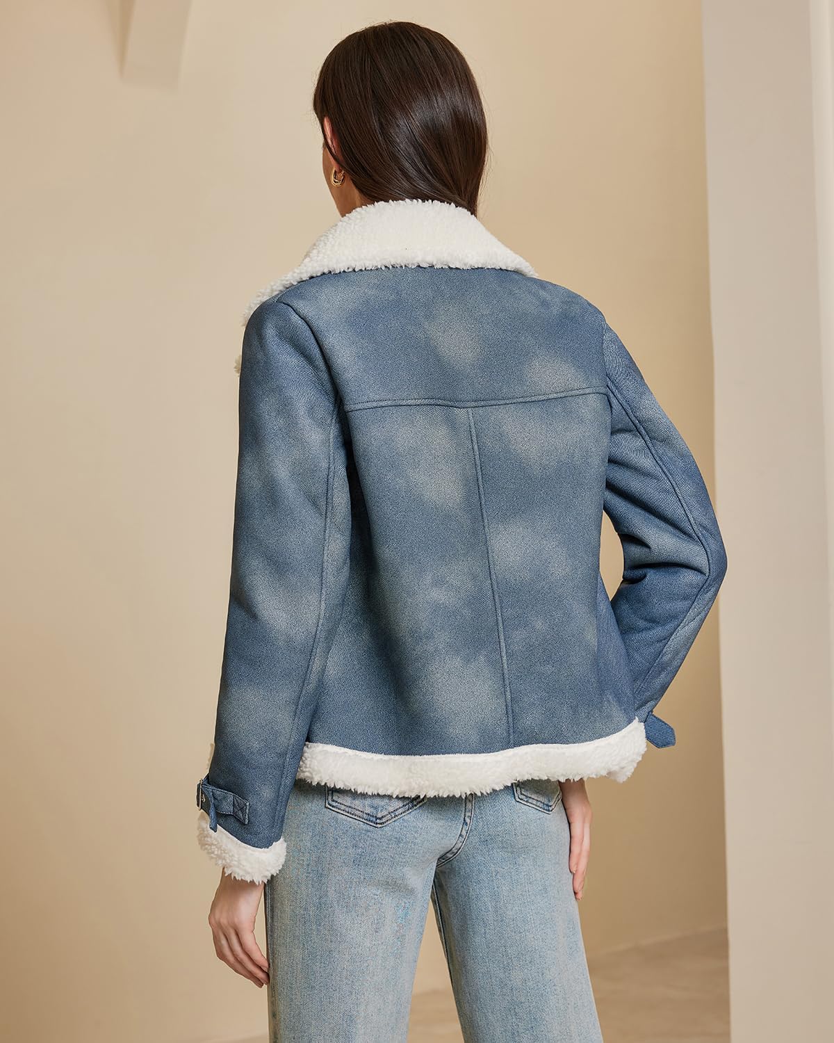 DIASHINY Women's Faux Shearing Fur Lined Jacket Faux Leather Moto Sherpa Coat Denim Blue M