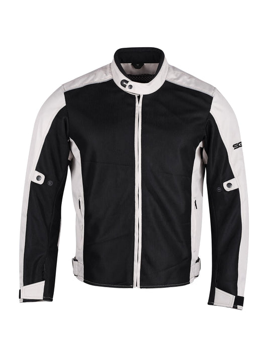 SGR Cool Mesh Cotton Motorcycle Jacket, Black with White Contrast, Zip Front Closure, Protective Riding Gear
