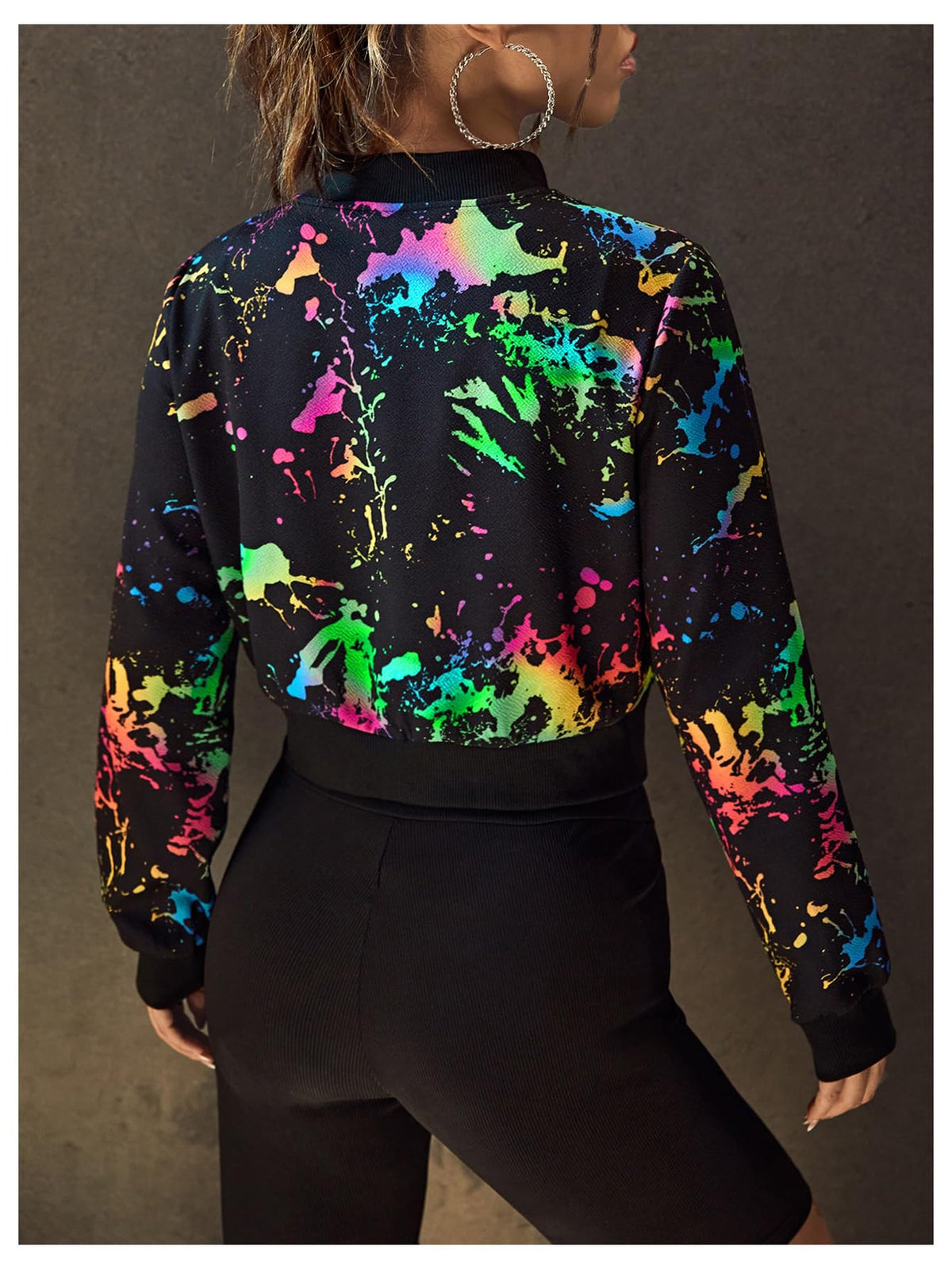SweatyRocks Women's Splatter Print Zip Up Bomber Jackets Crop Tops