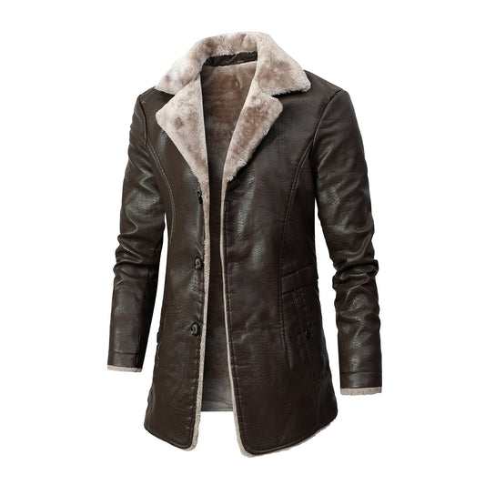 Rayiisuy Men Faux Leather Jacket Thick Faux Fur Shearling Lapel Collar Botton Down Long Trench Coats Black Brown (Brown, L) XY-80818