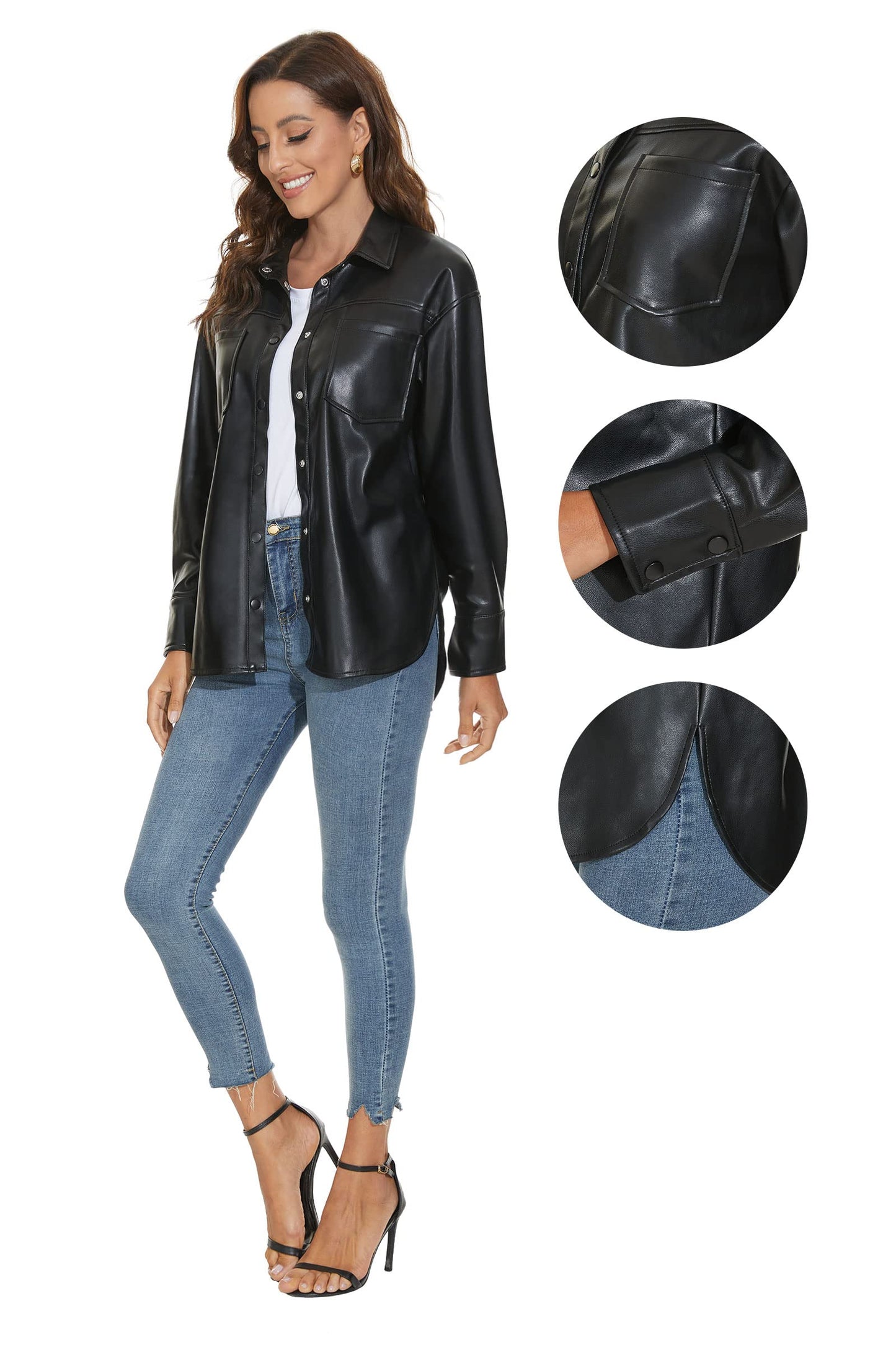 Fahsyee Women Faux Leather Shacket Moto Biker Shirts Loose Fit Blazer Long Sleeves Button Casual Jacket Plus Size S-XXL