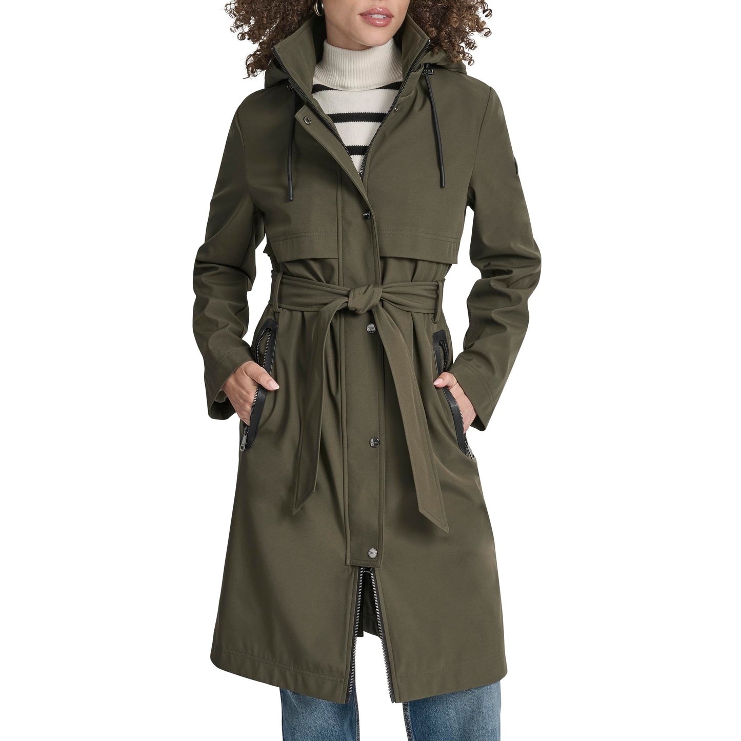 DKNY Women's Hooded Belted Trench Coat – Long Water-Resistant Lightweight Jacket with Pockets, Loden, XL