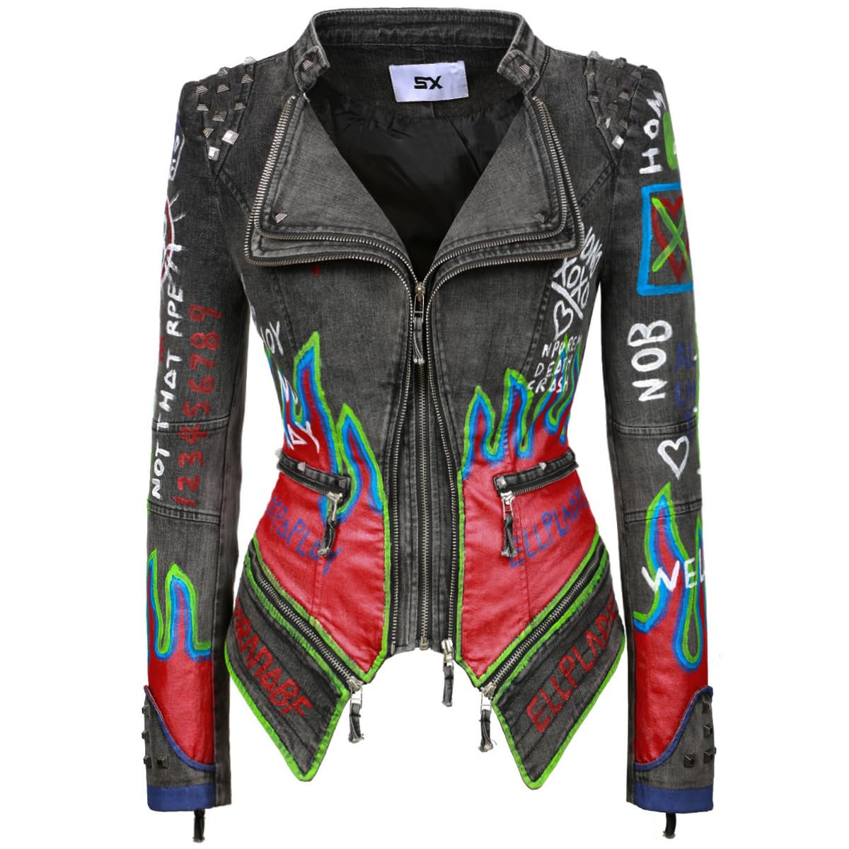 Fashion SX Women's hand-painted pattern fashion studs perfect shaping bicycle jacket motorcycle denim zipper jacket（XL-Grey）