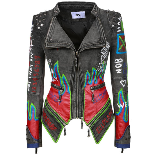 Fashion SX Women's hand-painted pattern fashion studs perfect shaping bicycle jacket motorcycle denim zipper jacket（XL-Grey）