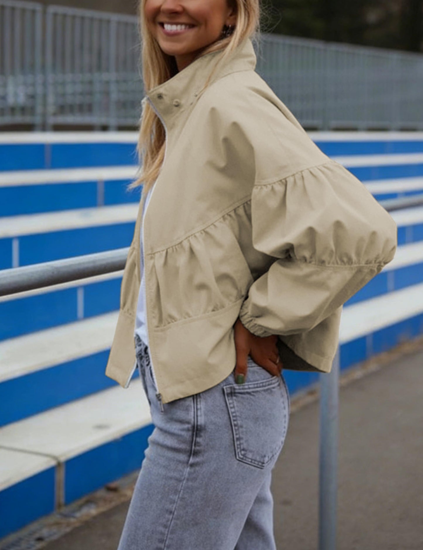Watashi Women Cropped Bomber Jacket Casual Lightweight Spring Fall Lapel Coat Balloon Long Sleeve Streetwear Outerwear (Khaki-M)
