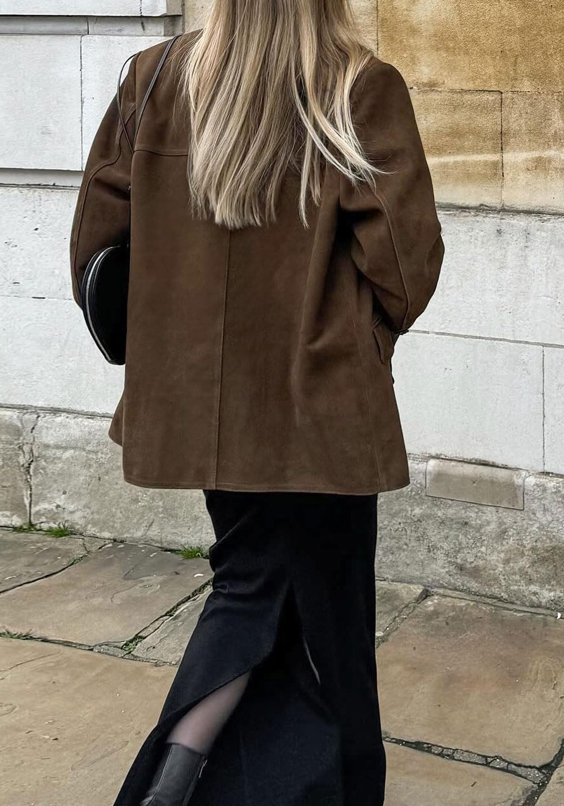 loveimgs Women Retro Brown Faux Suede Jacket Leather Blazer Coat Old Money Aesthetic Fall Jacket Bomber Y2k Oversized (Small, Brown)