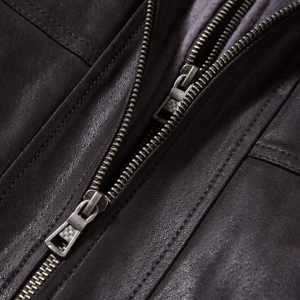 FLAVOR Men Brown Leather Motorcycle Jacket with Removable Hood (Large (US standard), Dark Brown+Gray)