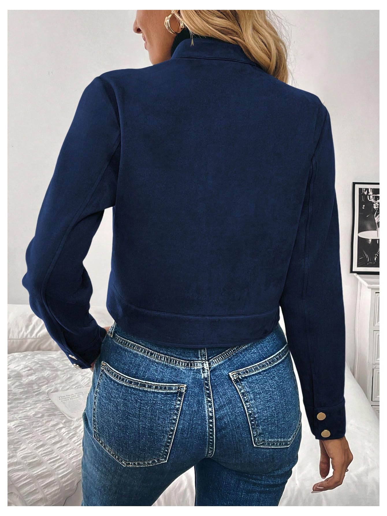 Verdusa Women's Zip Up Crop Spring Jackets Faux Suede Long Sleeve Motorcycle Cargo Jacket with Pockets Dark Blue Large