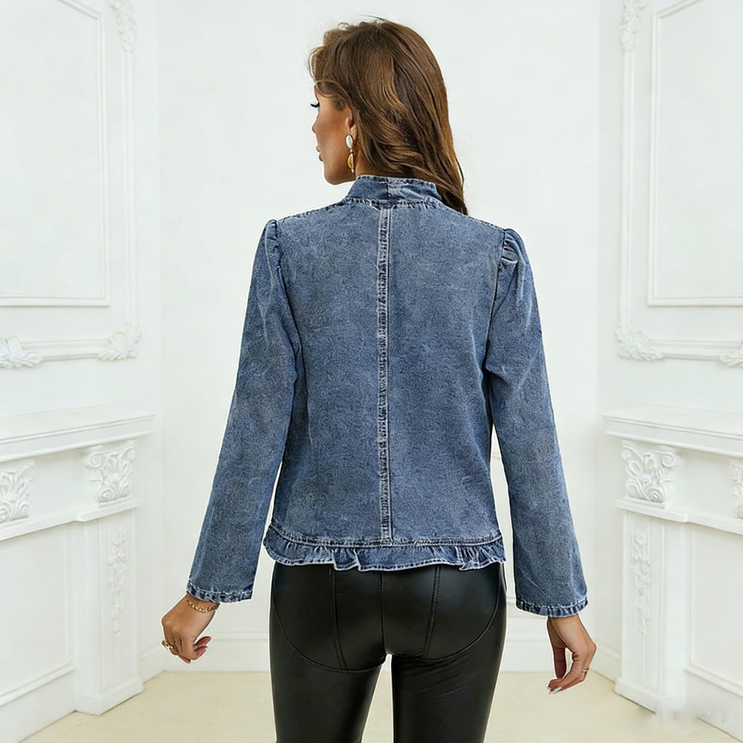 BVNTBZC Women Long Sleeve Denim Shirt Ruffled Cropped Top Coat Open Front Trendy Jean Trendy Thin Jackets(US, Alpha, Large, Regular, Regular, Blue)