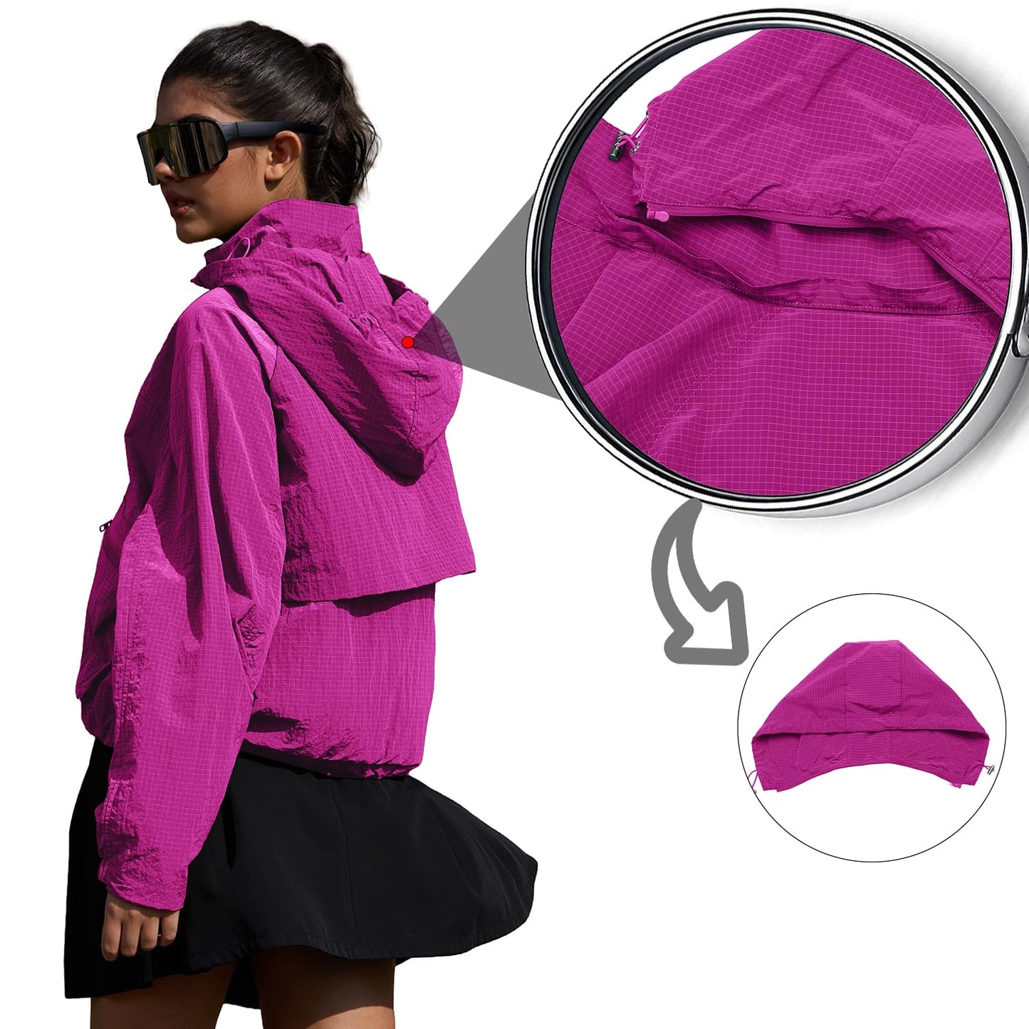 PESION Packable Rain Jacket Women Lightweight Waterproof Raincoat with Hood Cycling Biker Jackets, Hot Pink, Large