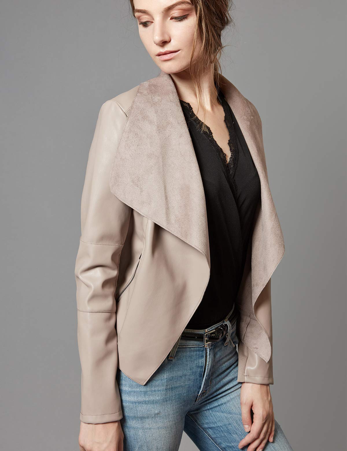 Escalier Women's Faux Leather Jackets Slim Open Front Lapel Blazer Jackets Khaki Large