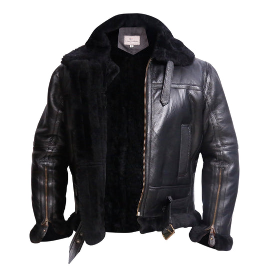 MARCO ENZOLANI RAF Bomber Bomber Jacket Aviator Real Shearling Sheepskin Leather Jacket (Ginger Black- 2XL)