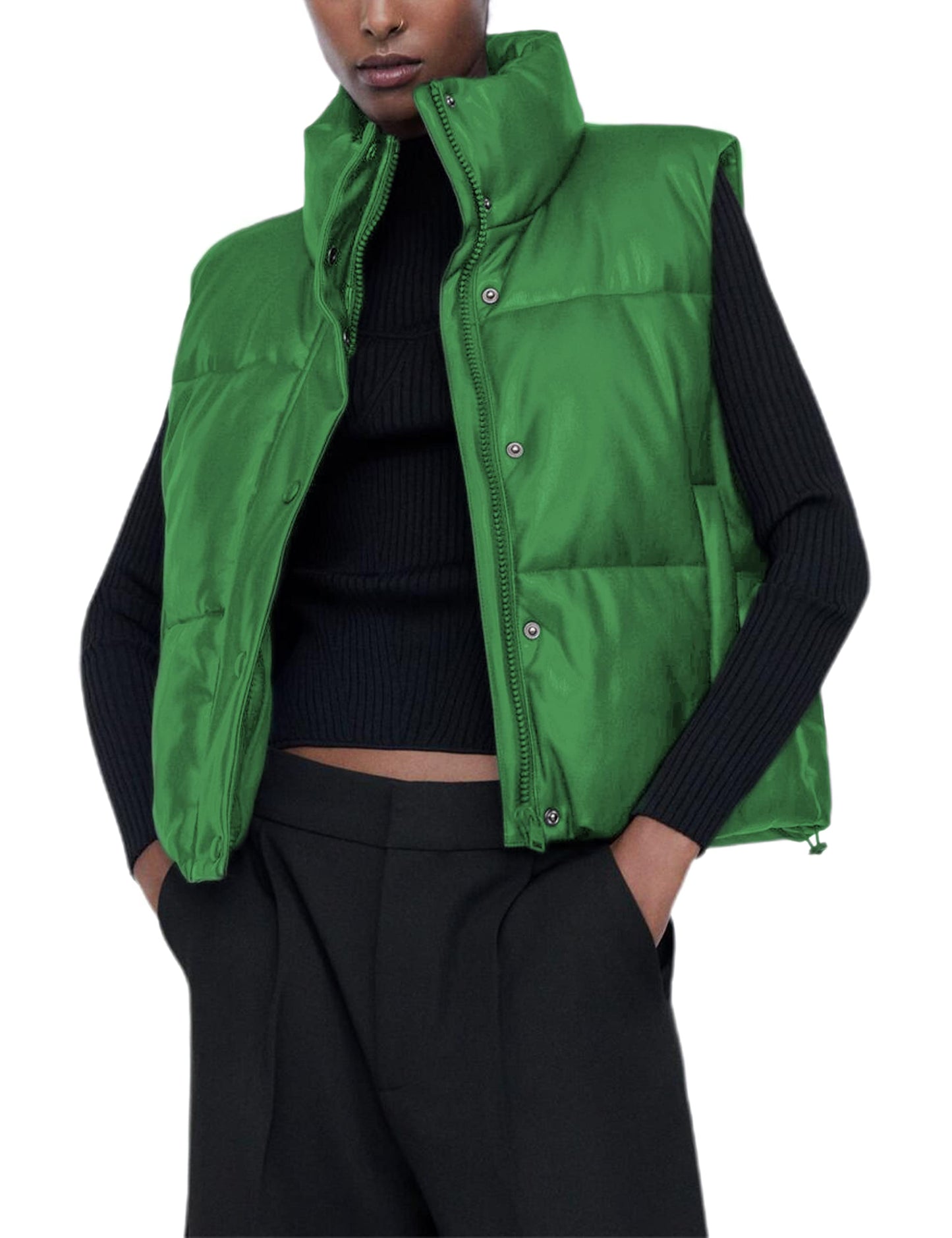 Ailoqing Womens Faux Leather Puffer Vest Zip Up Sleeveless Winter Cropped Jacket(Green-M)