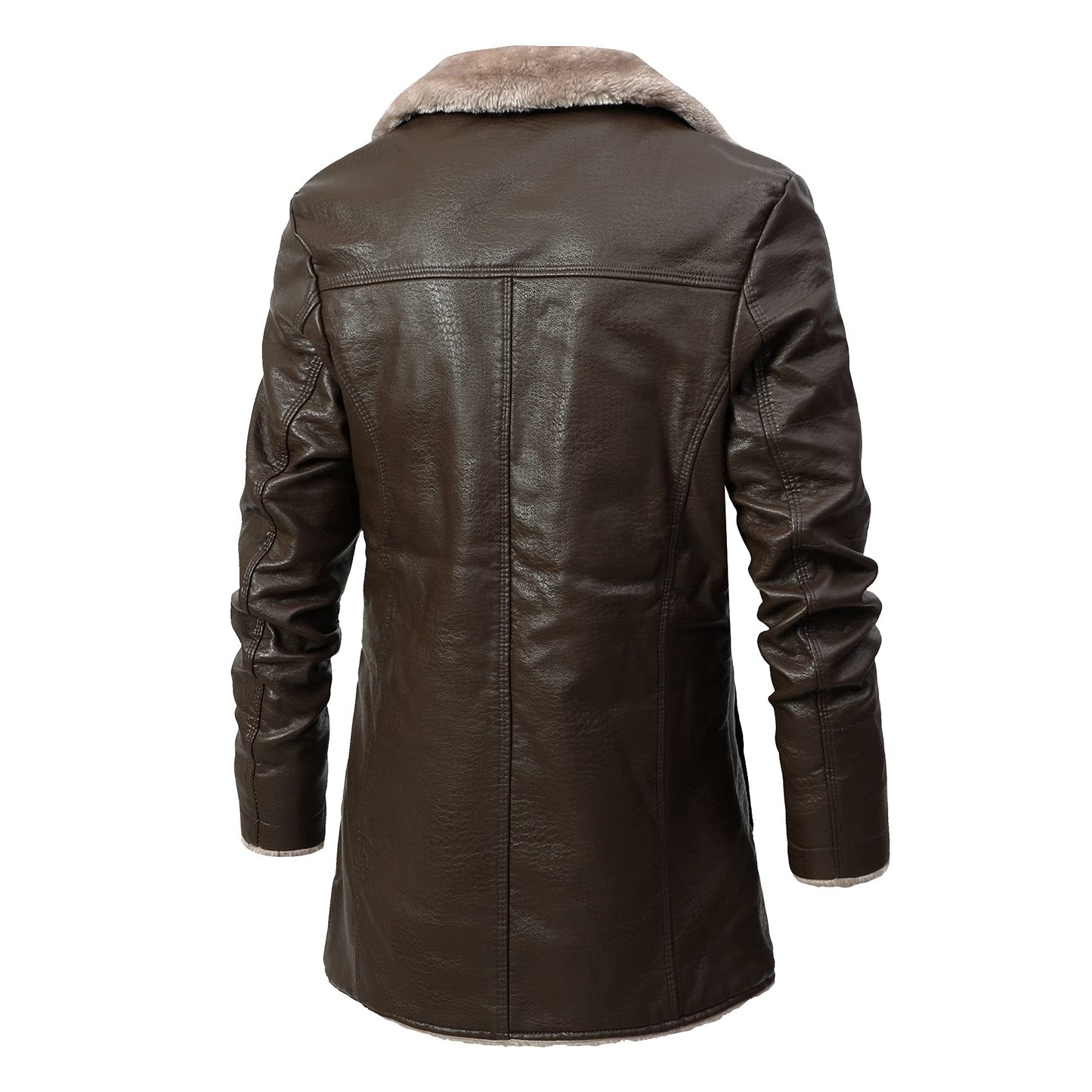 Rayiisuy Men Faux Leather Jacket Thick Faux Fur Shearling Lapel Collar Botton Down Long Trench Coats Black Brown (Brown, L) XY-80818