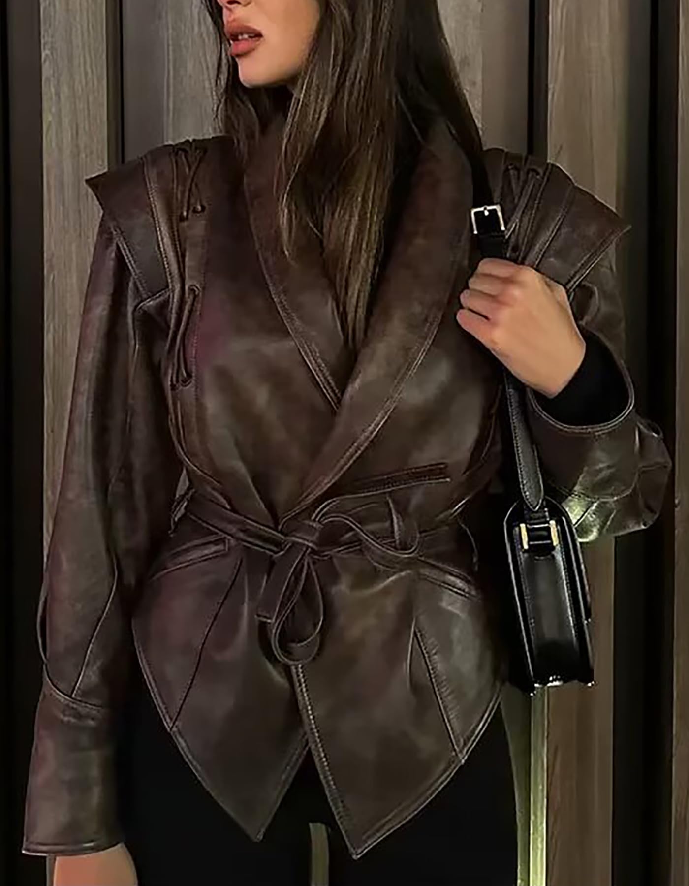 LETSVDO Leather Jacket Women Faux PU Oversized Lace Up Asymmetrical Belted Motorcycle Bomber Coats Fashion Fall Clothes