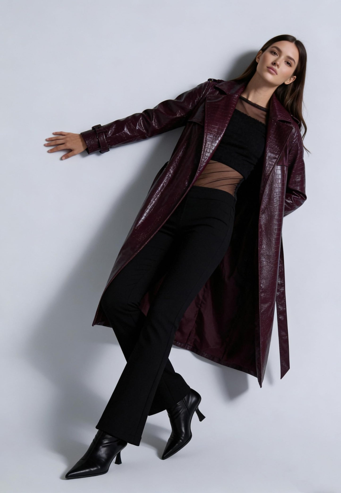 SS-Sunrise Fashion Womens Long Leather Jacket Burgundy Trench Coat Blazer Lapel Button Open Front Faux Motorcycle Jacket Coats with Belt (Medium, Wine Red)
