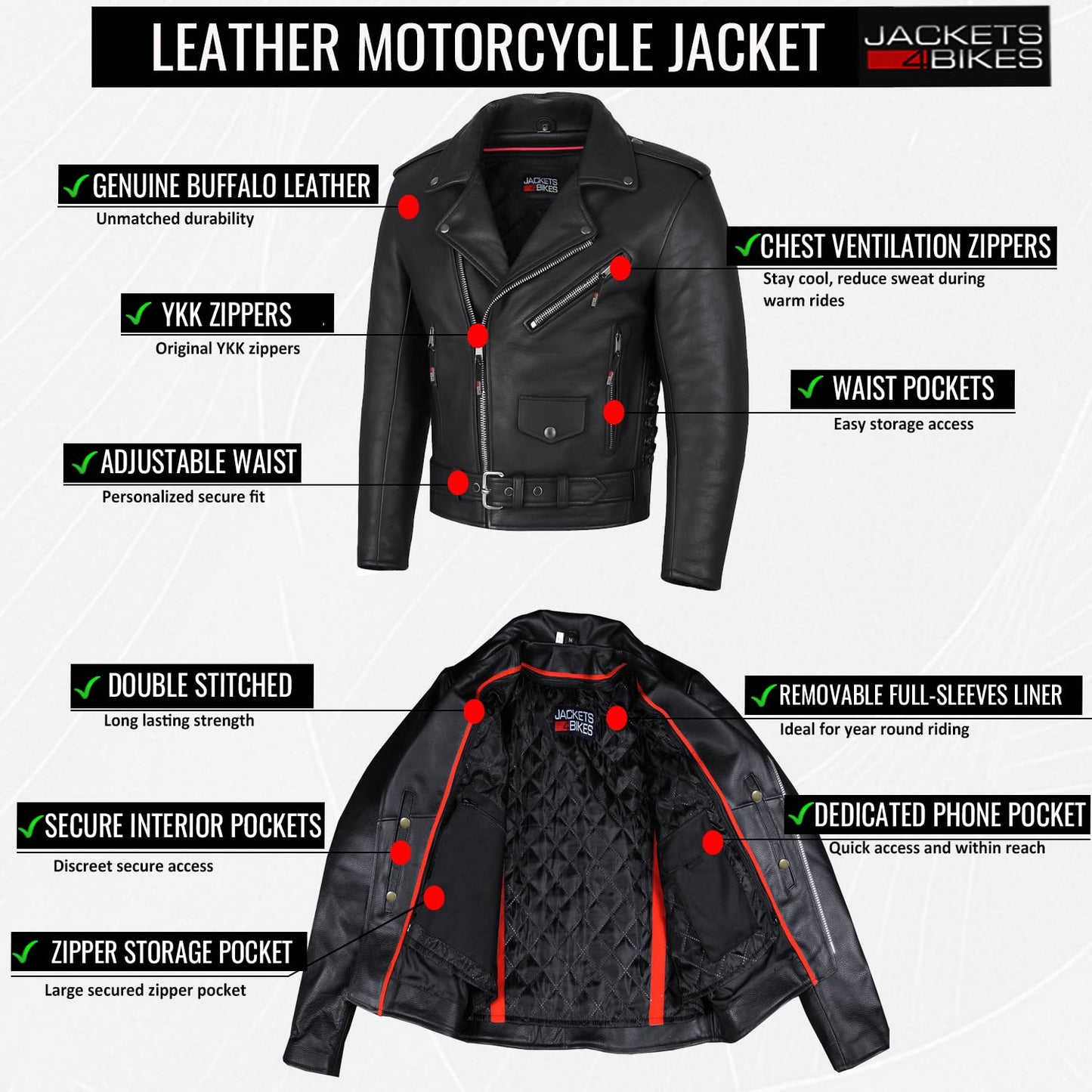 ICONIC Motorcycle Jacket for Men, Premium Buffalo Leather, Insulated Liner, Classic Side Laces, Cruiser Biker Black S