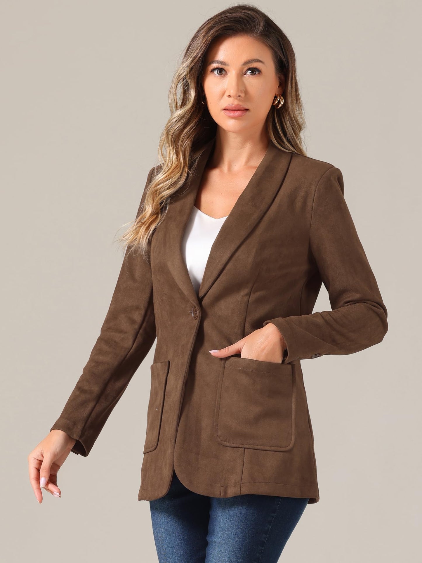 Allegra K Faux Suede Blazer for Women's Lapel Collar One Button Dressy Suit Jacket Small Brown