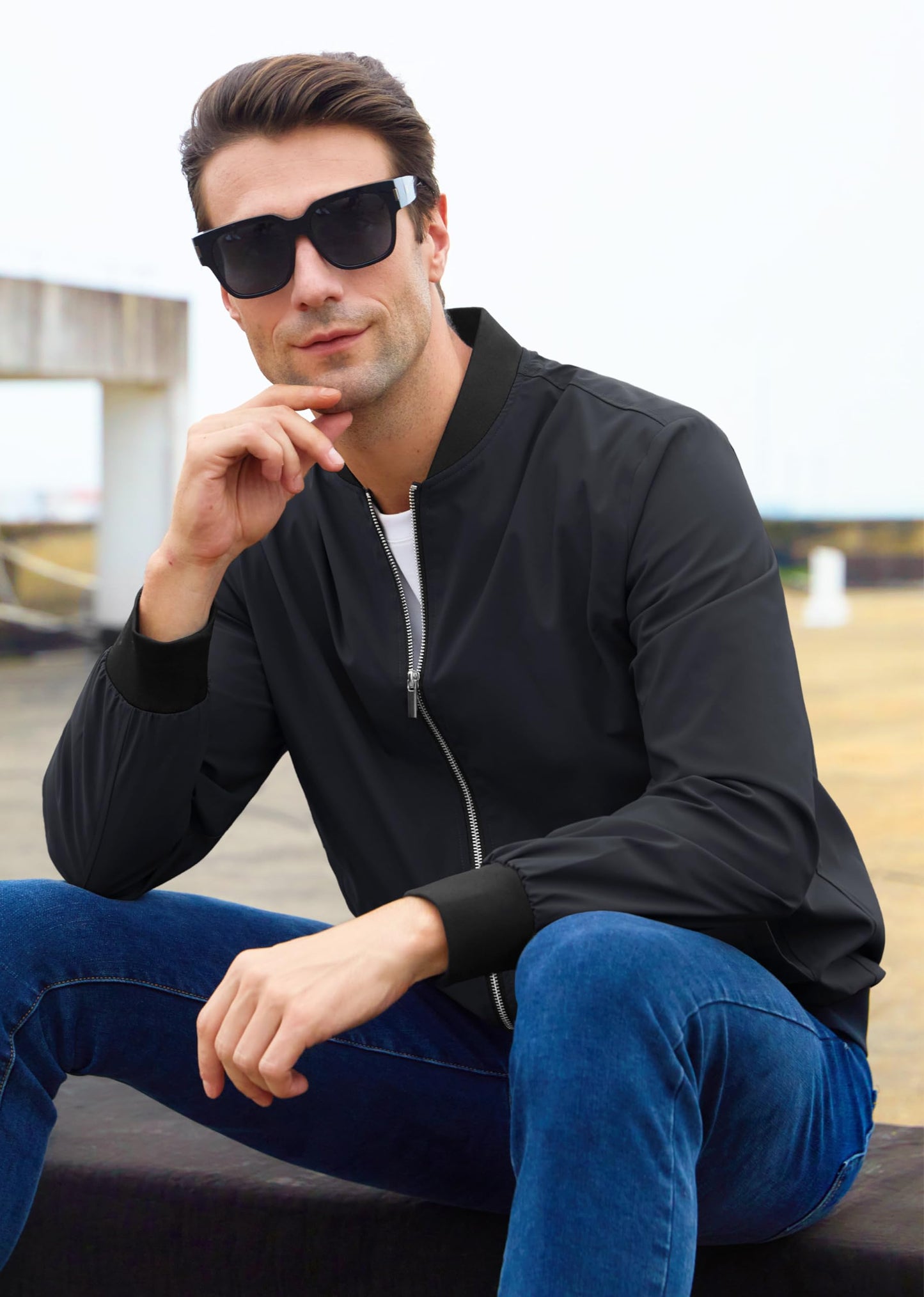 MAGCOMSEN Bomber Jacket Men Lightweight Jacket Full Zip Light Windbreaker Casual Stylish Golf Jackets Black L