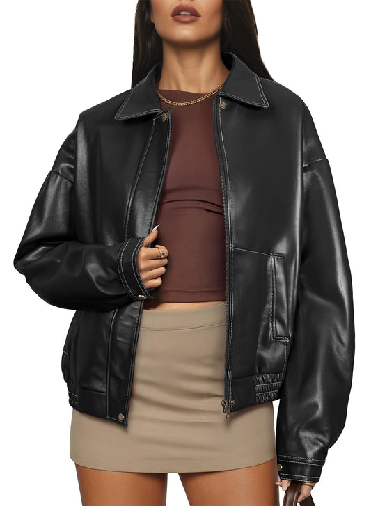 EVALESS Leather Jacket for Women Faux Motorcycle Coats Fashion Oversized Bomber Zip Up Fall Jackets Trendy Winter Clothing 2025 Black Medium