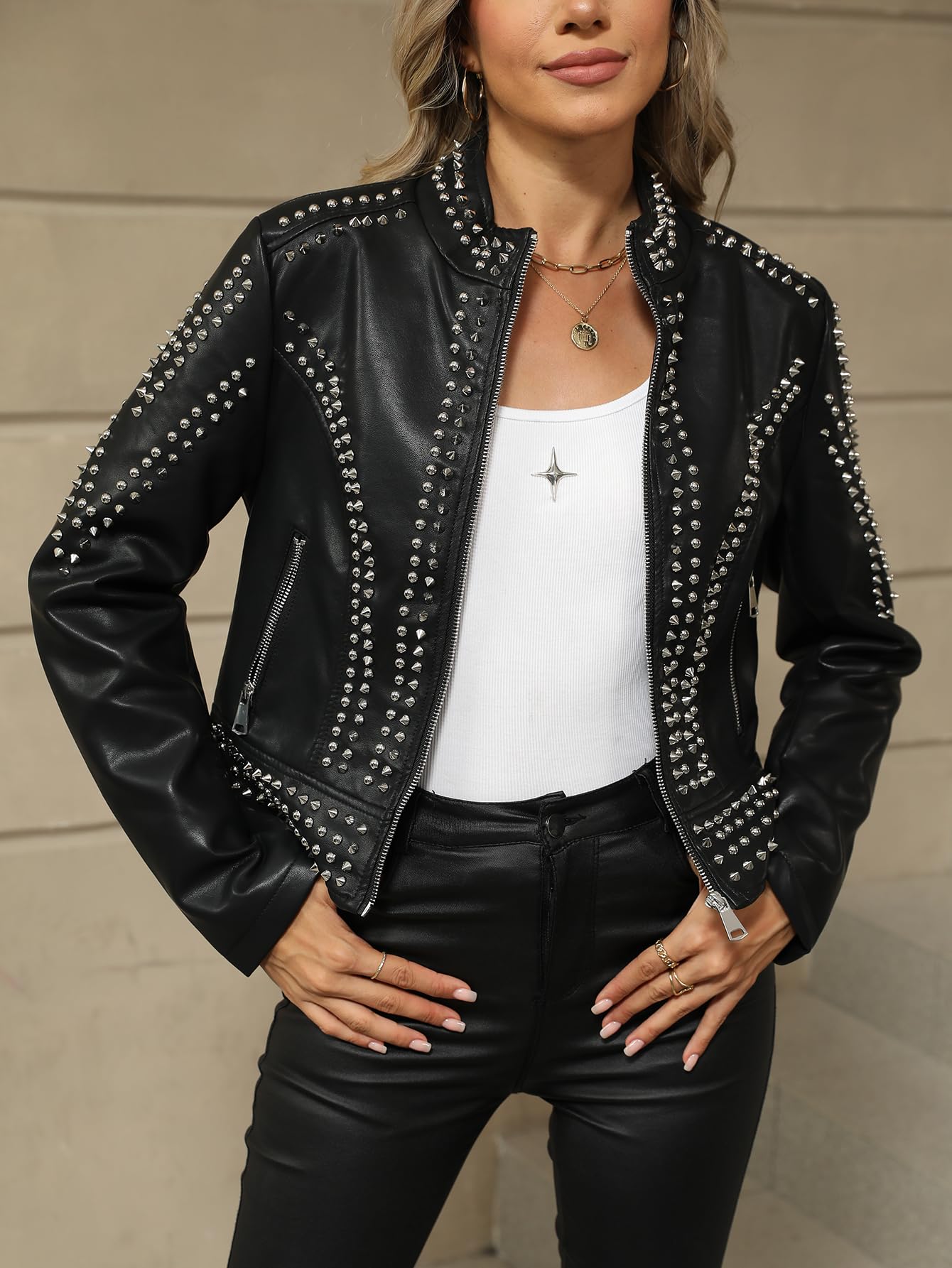 Bellivera Women's Faux Leather Moto Studded Rivet Casual Jacket Black XL