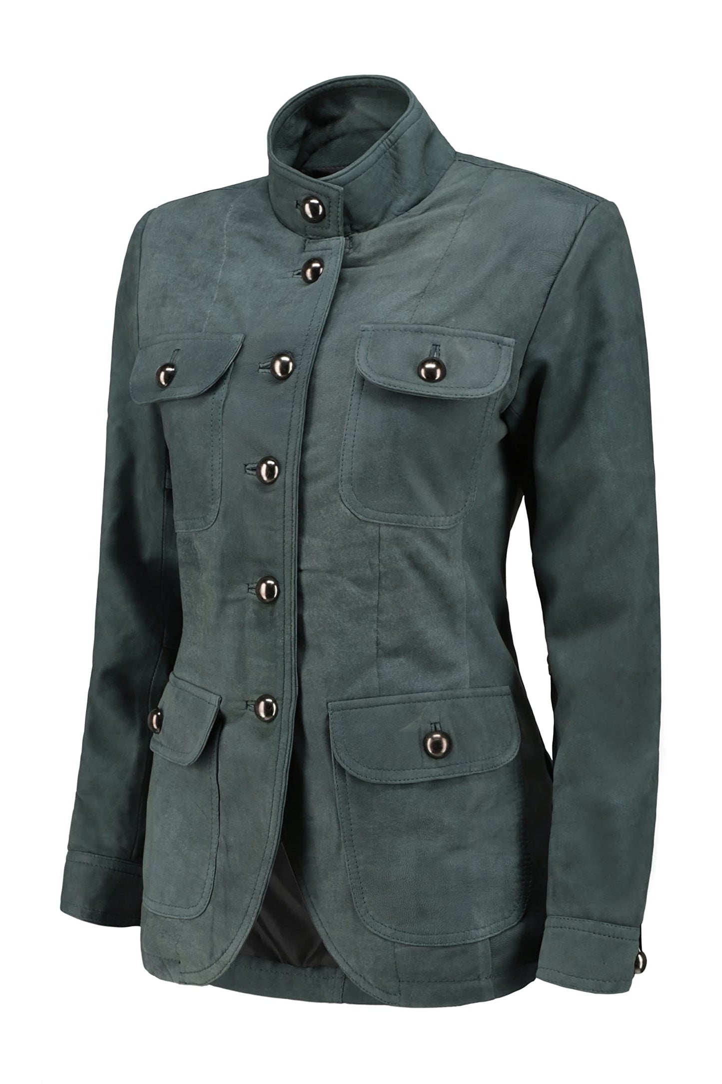 Jild Fancy 5-Button Four Pocket Double Back Slit Leather Blazer Women - Vintage Suede Look Cuff Sleeves Leather Jacket Women (ZC-Blue-3XL)
