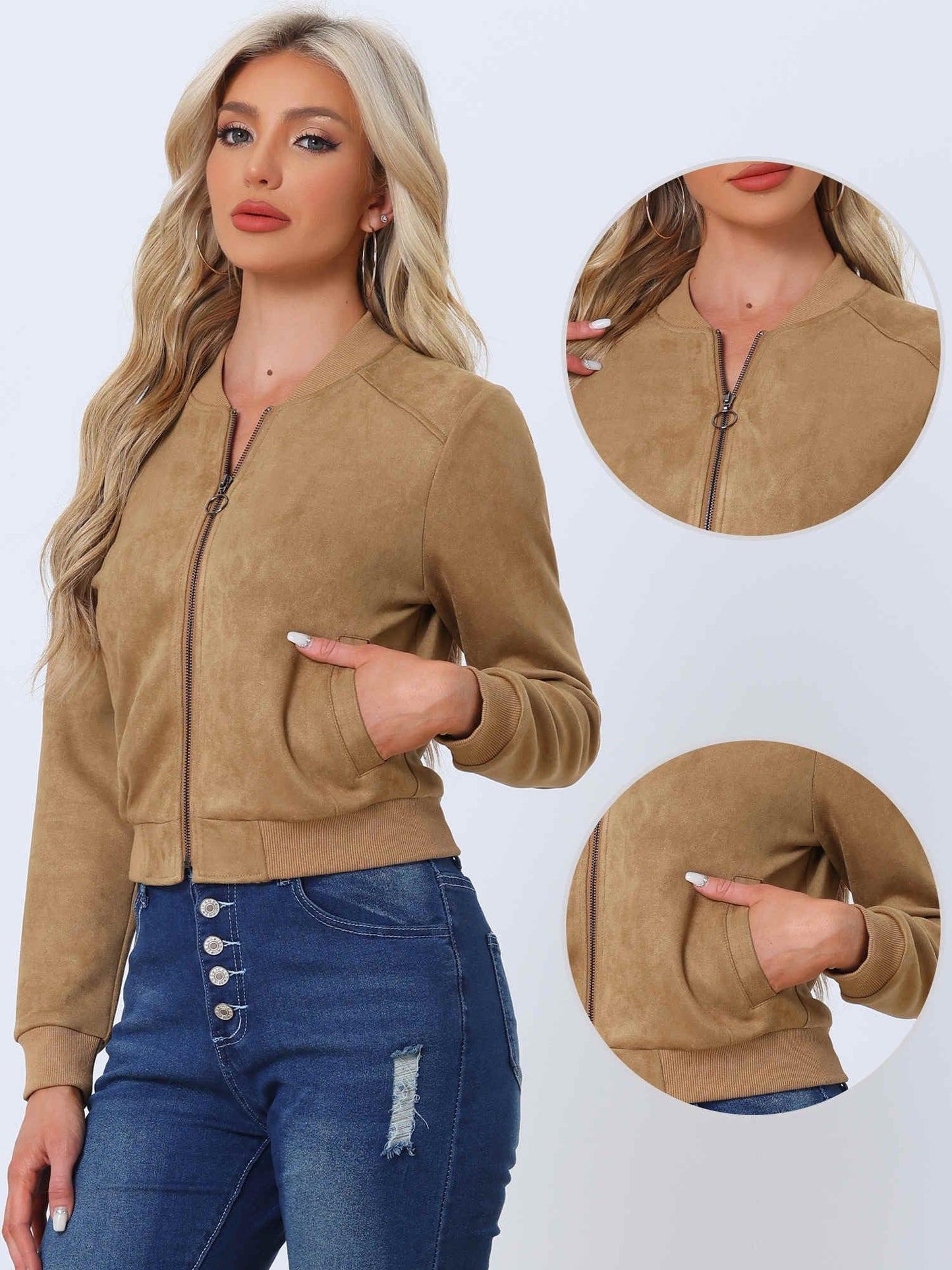 Allegra K Faux Suede Jacket for Women's Stand Collar Zip Up Bomber Jackets