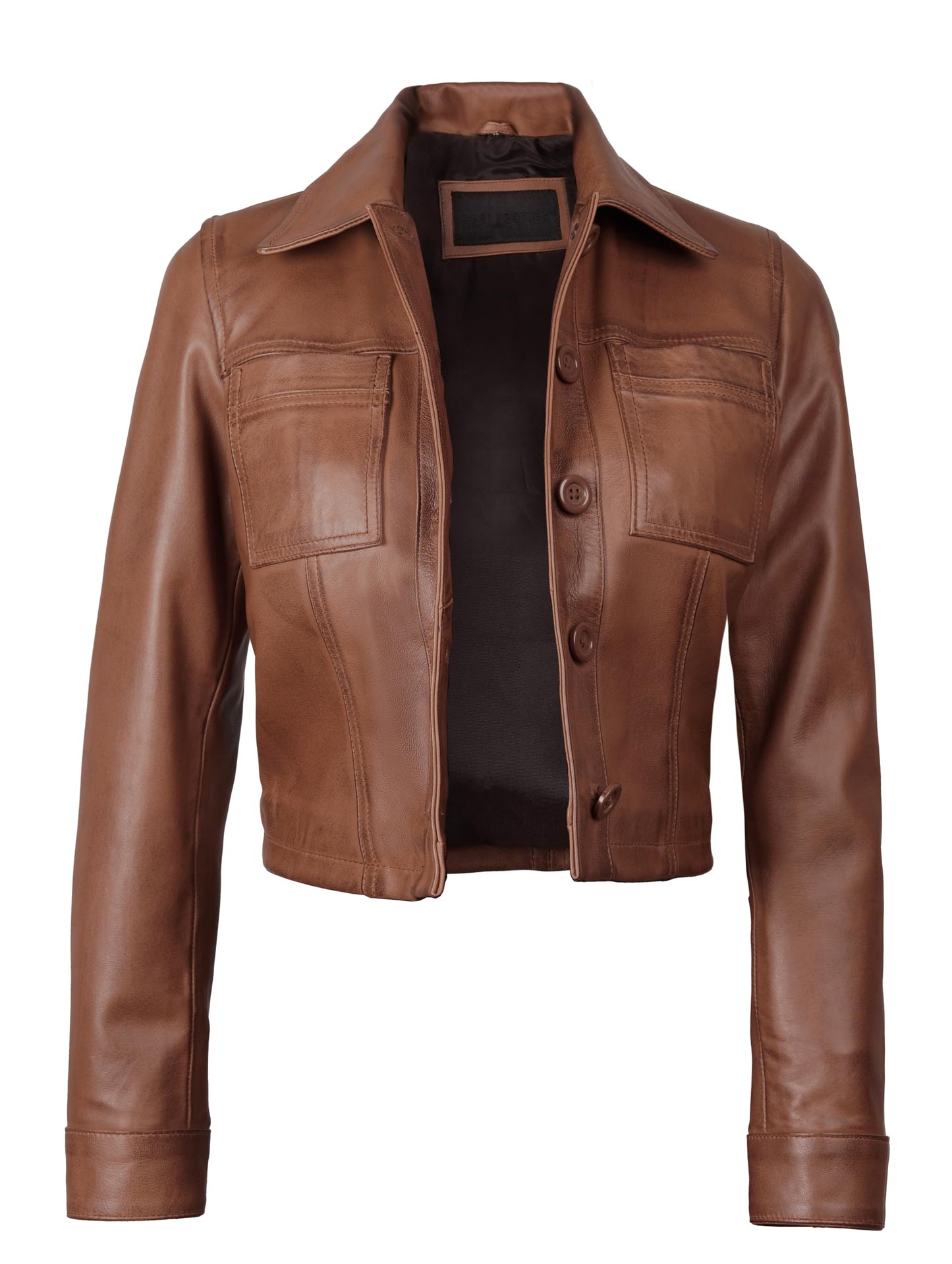 Decrum Womens Cropped Leather Jacket - Jackets For Women Leather | [1329312] Mable Cognac Wax, S