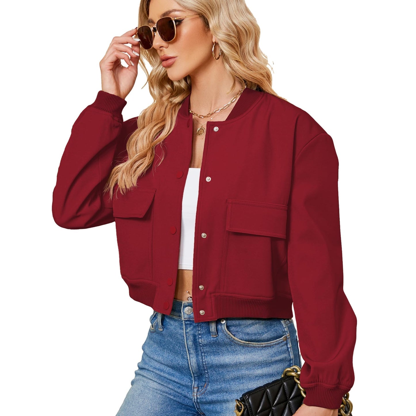 Zando Red Cropped Bomber Jacket Women 2026 Short Casual Varsity Jackets