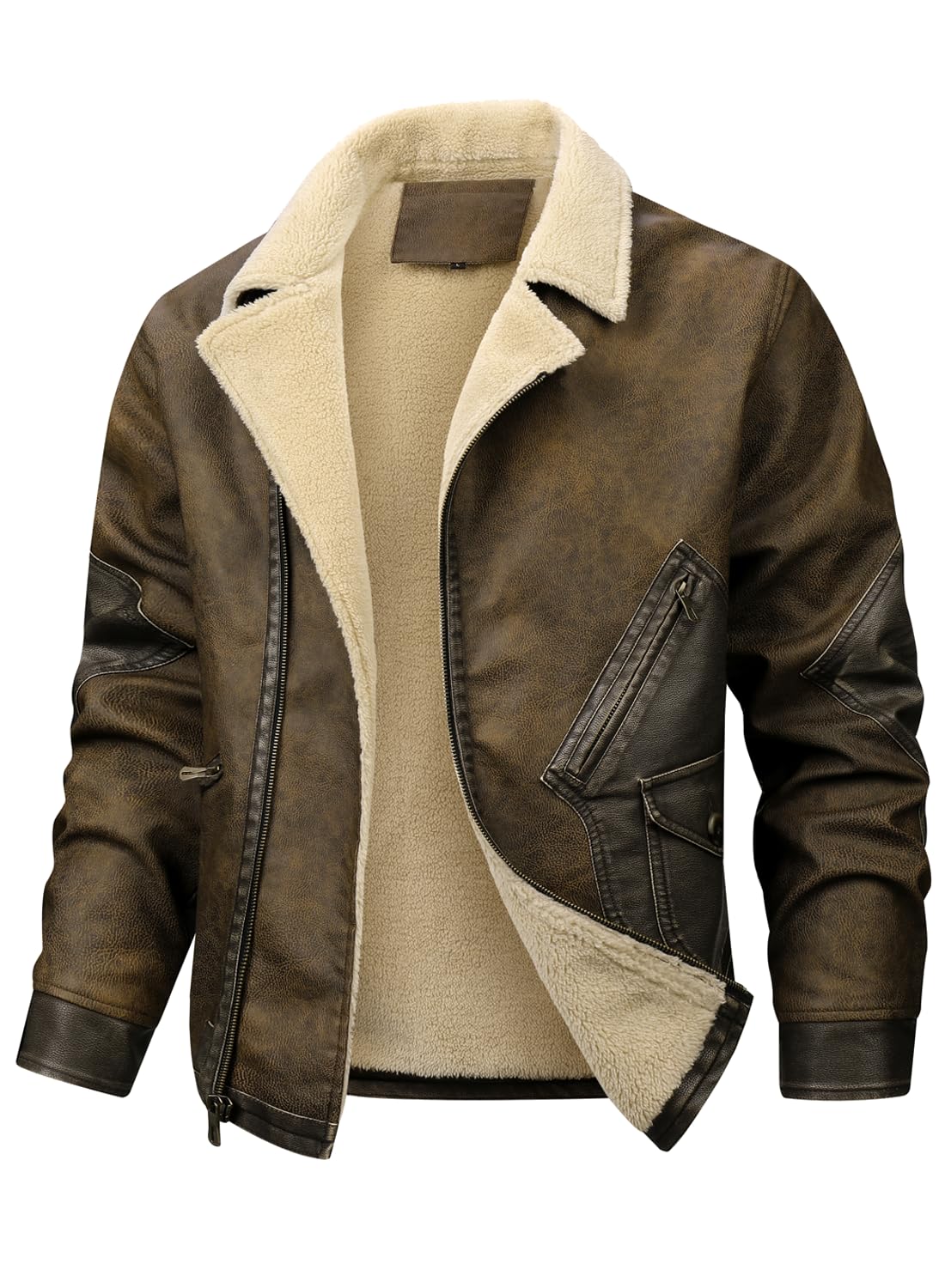 HOOD CREW Men’s Faux Leather Motorcycle Bomber Jacket Windproof Winter Coat Jackets with Shearling Lining Brown L