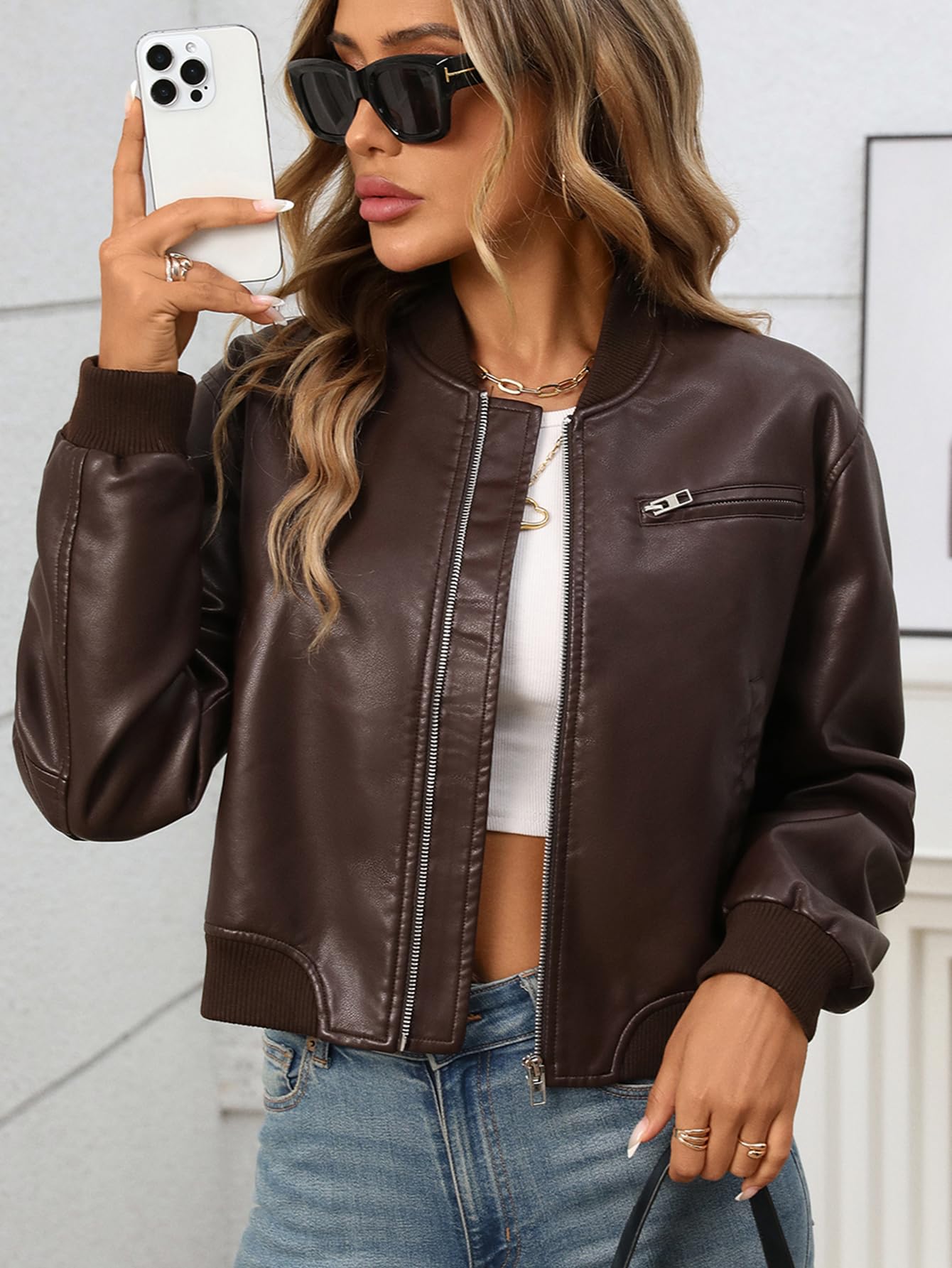 LY VAREY LIN Womens Faux Leather Varsity Jacket Biker Baseball Streetwear Casual Coat(Black,S)