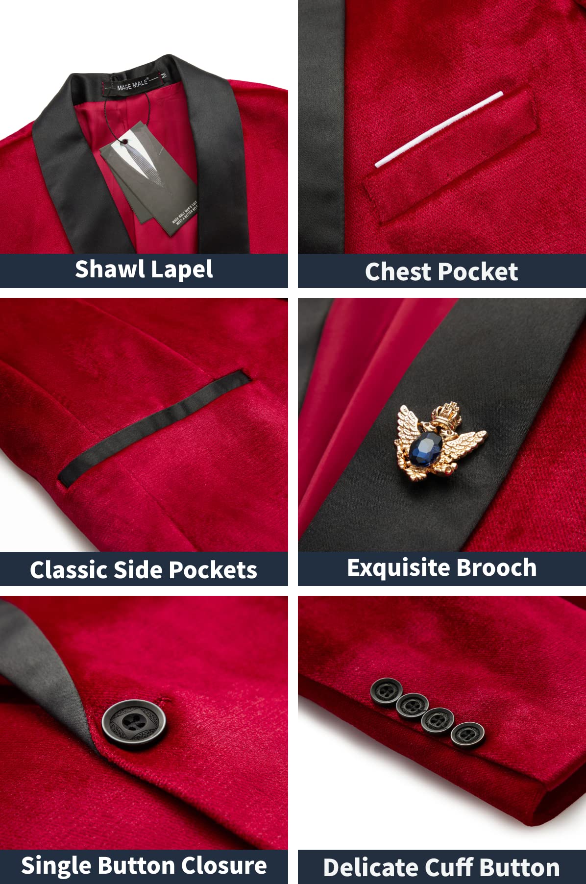 MAGE MALE Men's Velvet Slim Fit Suit Blazer Jacket Shawl Lapel One Button Dinner Prom Wedding Tuxedo Red