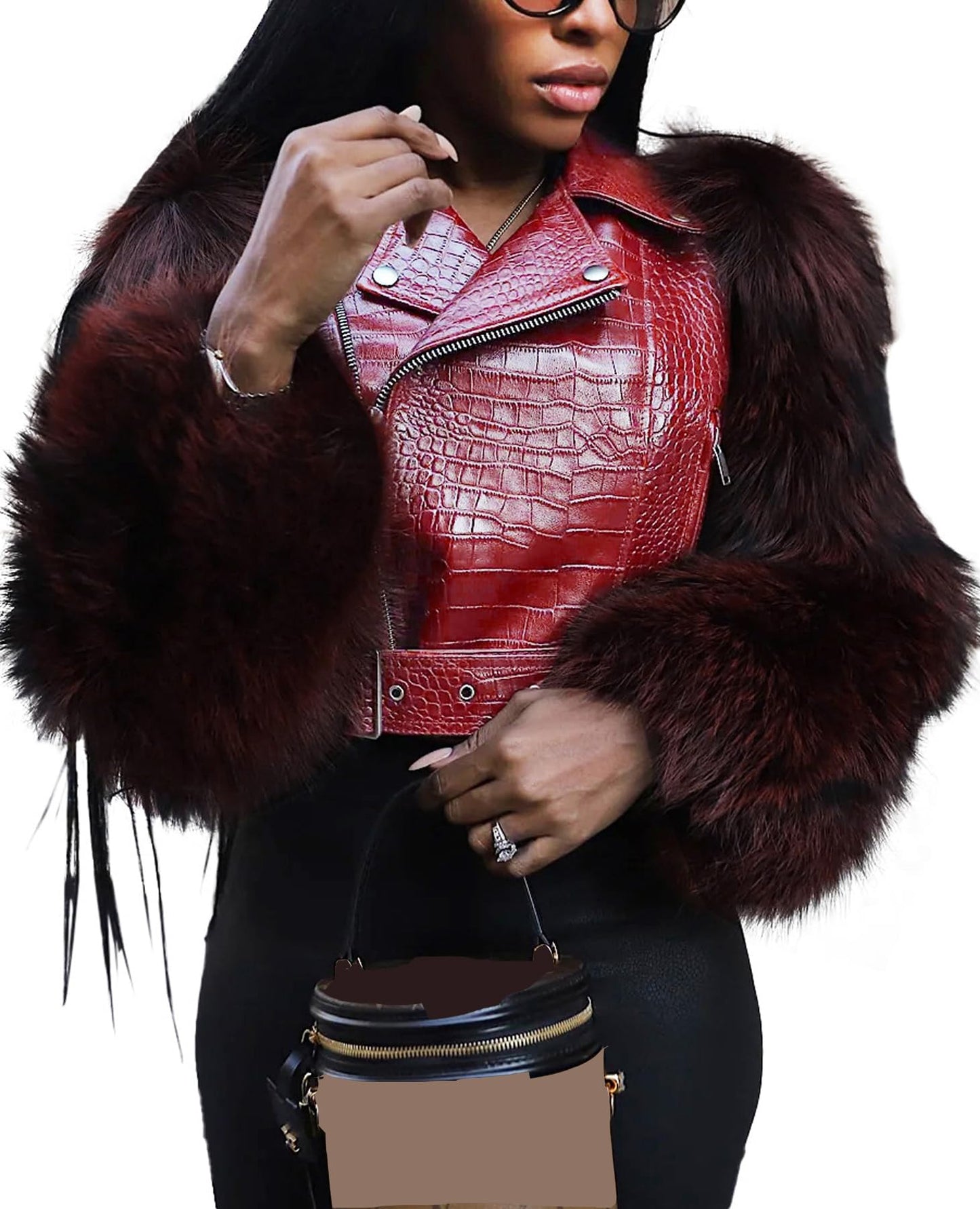 pnahip Faux Fur Leather Jackets for Women Lapel V Neck Long Sleeve Zipper Patchwork Crop Jacket Going Out Outerwear, Red, XL