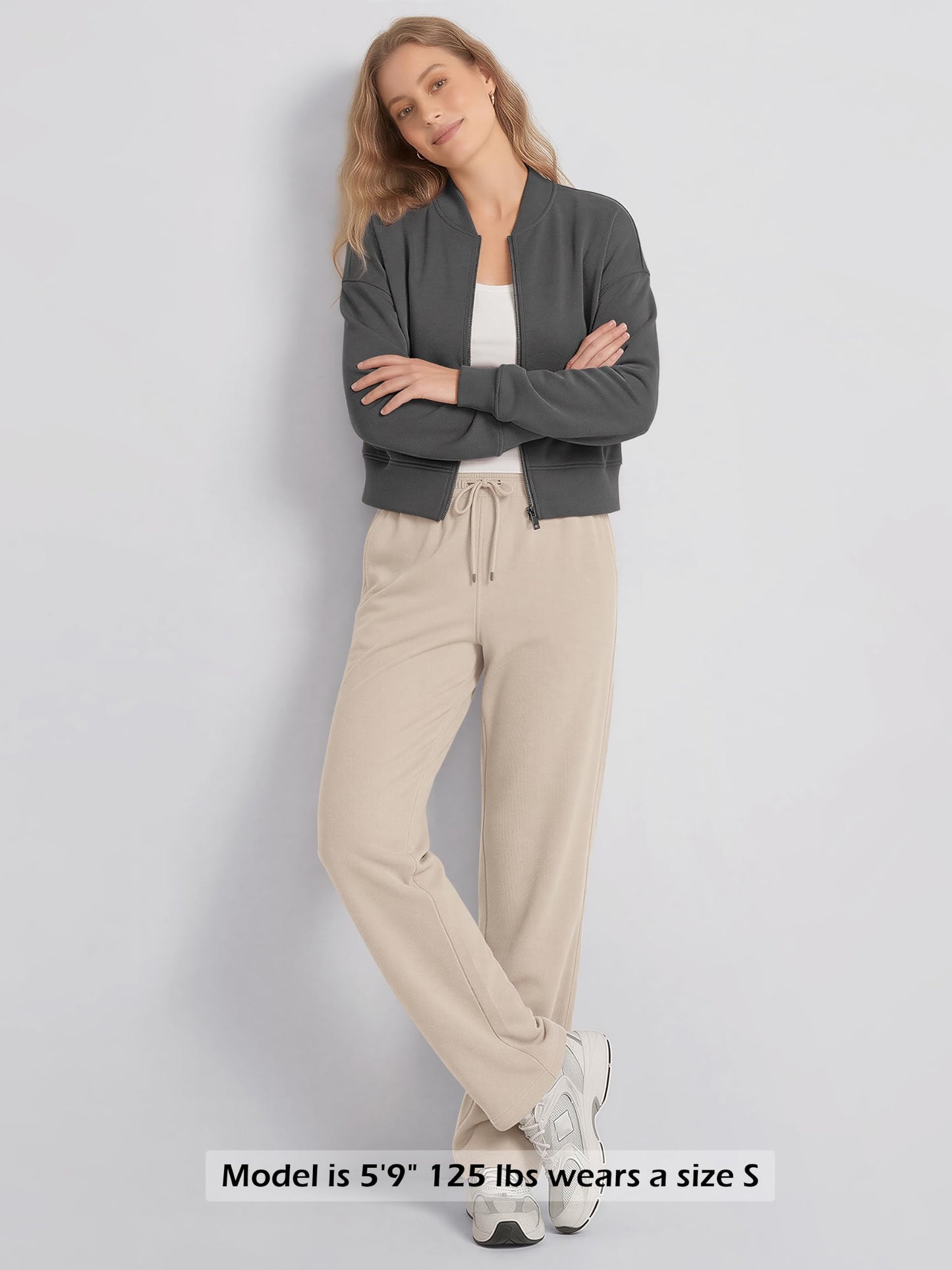 ODODOS Modal Soft Full-Zip Bomber Jacket for Women Long Sleeve Casual Fall Outfit Crop Top with Pockets, Charcoal, Large