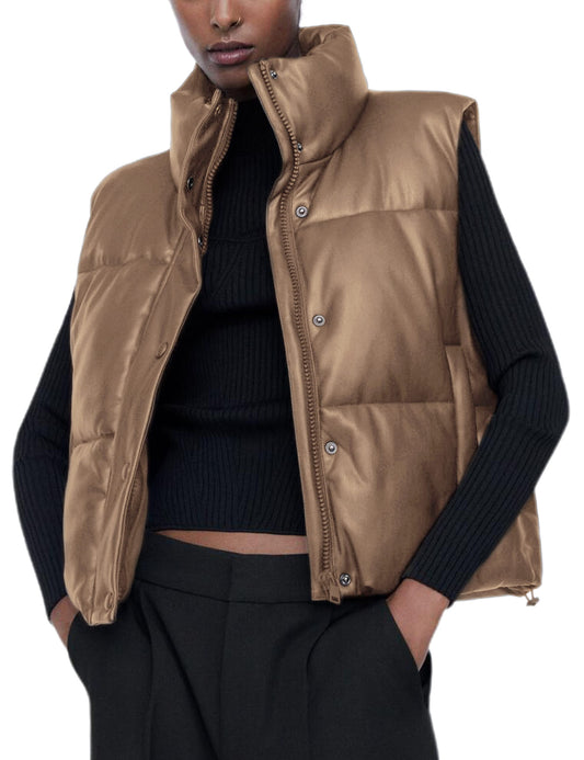 Ailoqing Womens Faux Leather Puffer Vest Zip Up Sleeveless Winter Cropped Jacket(Khaki-XS)
