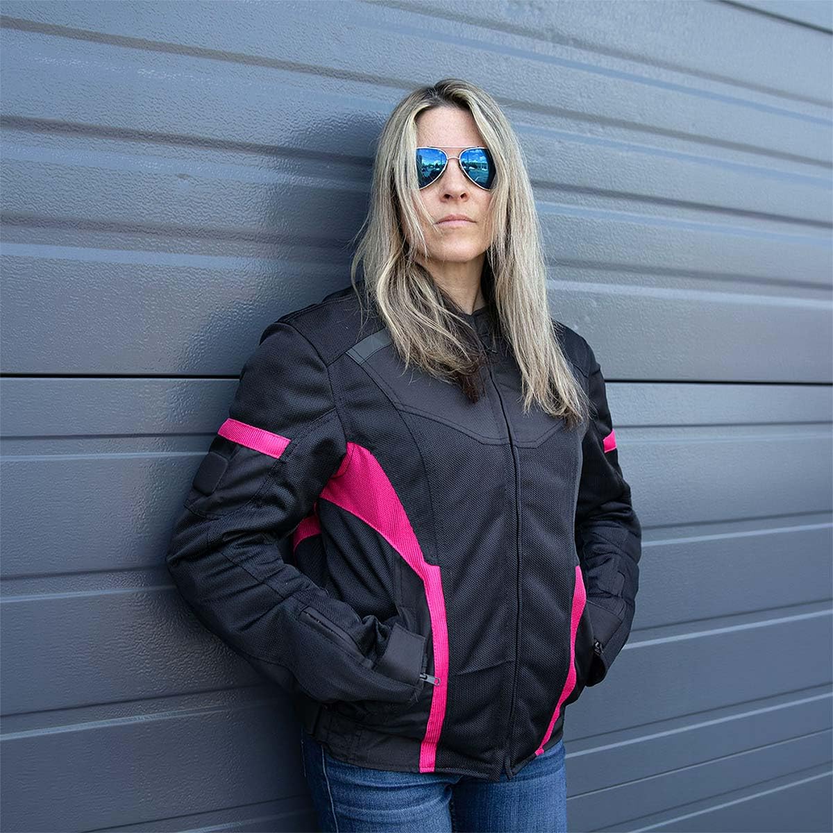 Milwaukee Leather MPL2794 Black and Pink Mesh/Textile Armored Motorcycle Racer Jacket for Women - All Season Jackets - Medium
