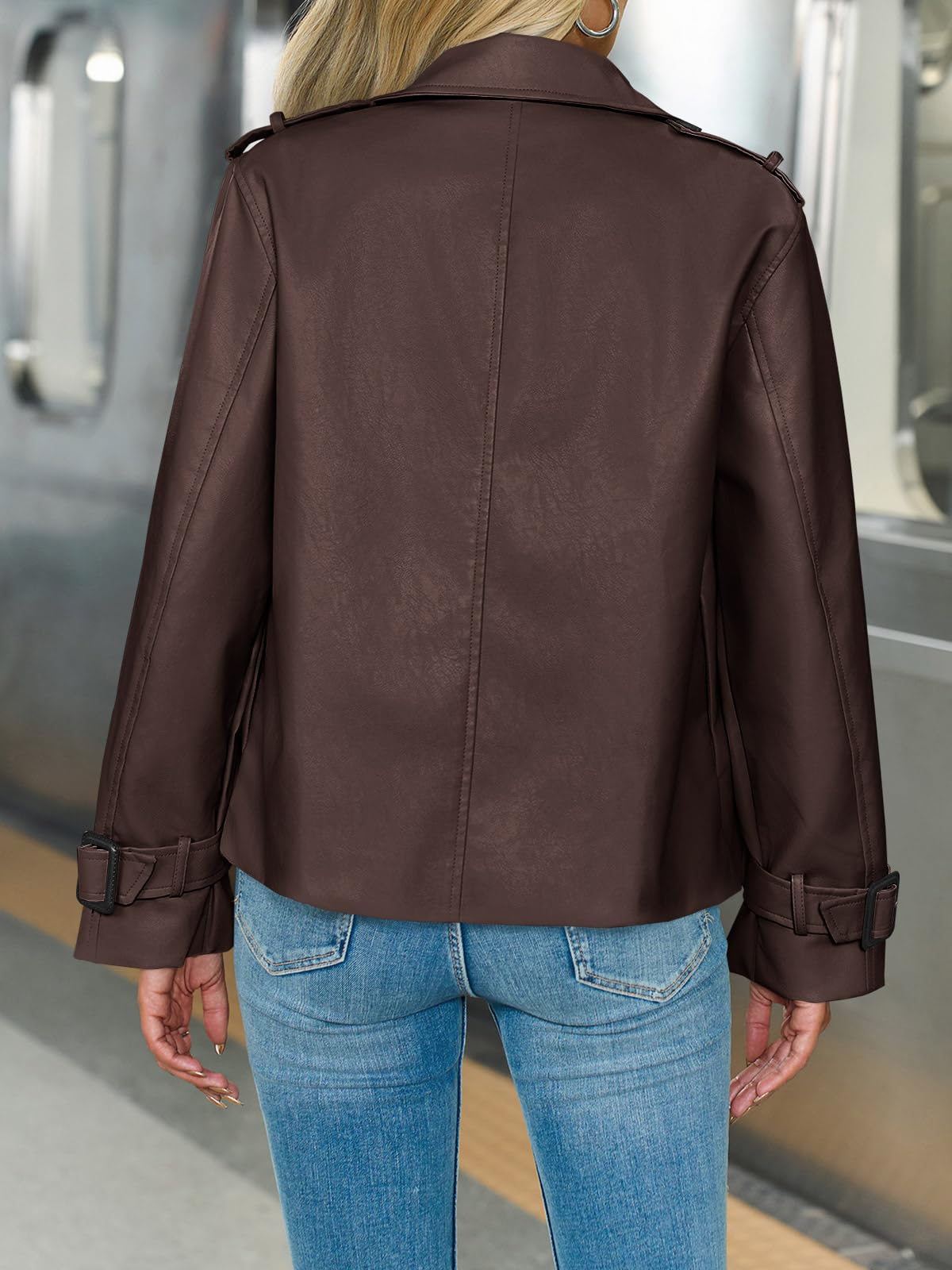 Yousify Womens Textured Faux Leather Jackets Oversized Button Down Motorcycle Clothes Casual Fall Trendy Coat Outerwear