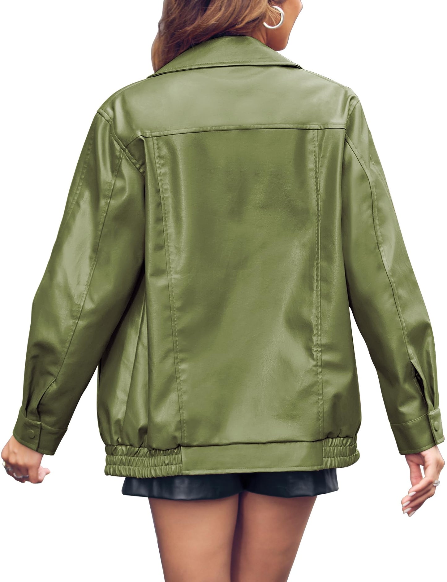 Miladusa Womens Leather Jackets Faux Fashion Zip Up Long Sleeve Solid Color Motorcycle Jacket with Pockets Military Green M