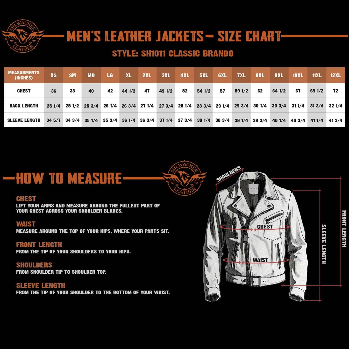 Milwaukee Leather SH1011 Men's Classic Brando Premium Leather Black Motorcycle Riders Leather Jacket w/Side Laces - Large