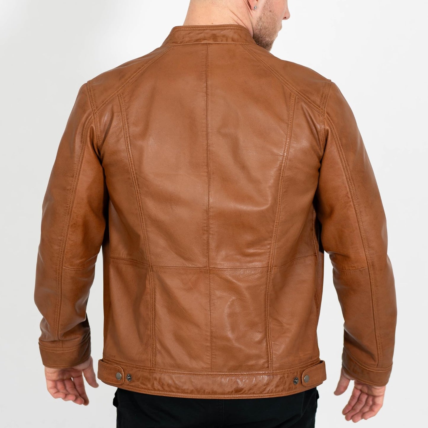 BRICK LANE Stand Collar Leather Jacket for Men | Timeless Design - Genuine Lamb Nappa Leather Cafe Racer Jacket (US, Alpha, Large, Regular, Regular, Tan)