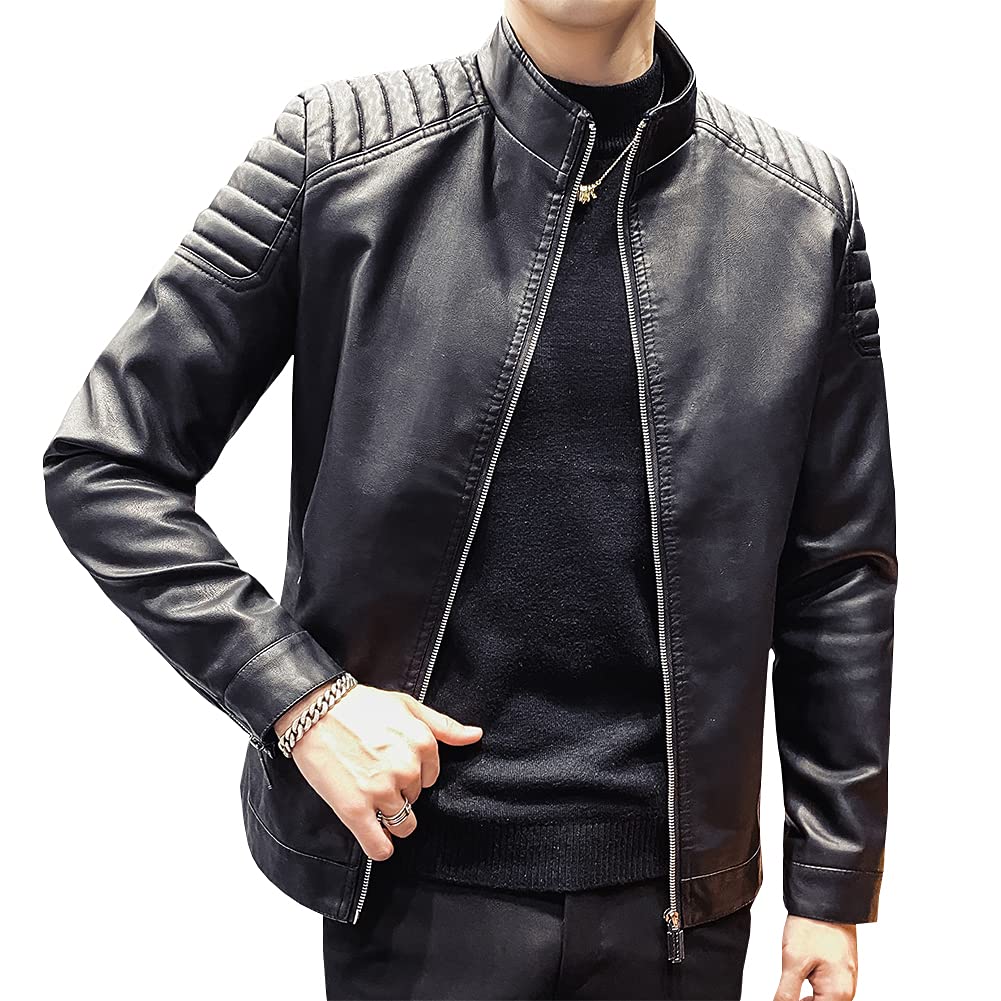 Womleys Mens Casual Stand Collar Slim Fit Faux Leather Jacket Biker Motorcycle Jacket (X-Black, Large)