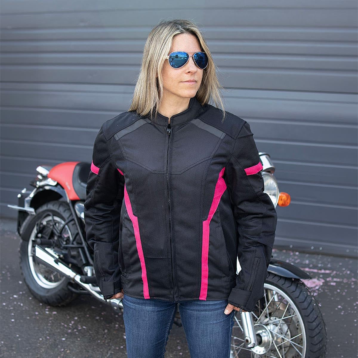 Milwaukee Leather MPL2794 Black and Pink Mesh/Textile Armored Motorcycle Racer Jacket for Women - All Season Jackets - Medium