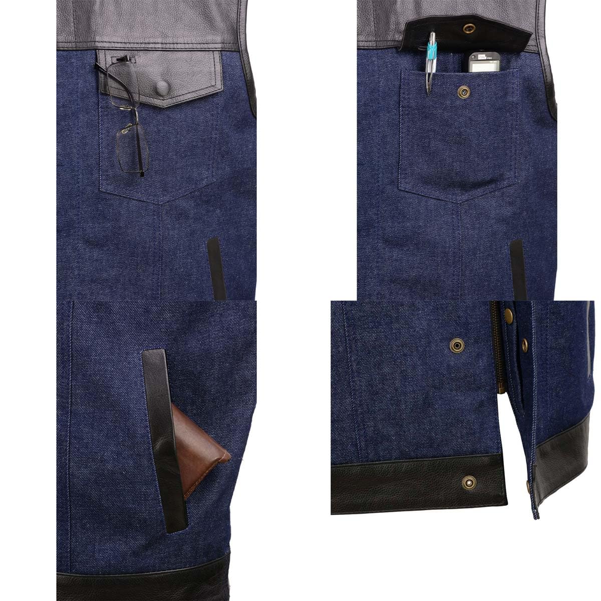Milwaukee Leather MDM3004 Men's Brute Dual Closure Blue Denim and Black Leather Club Style Vest - XXX-Large