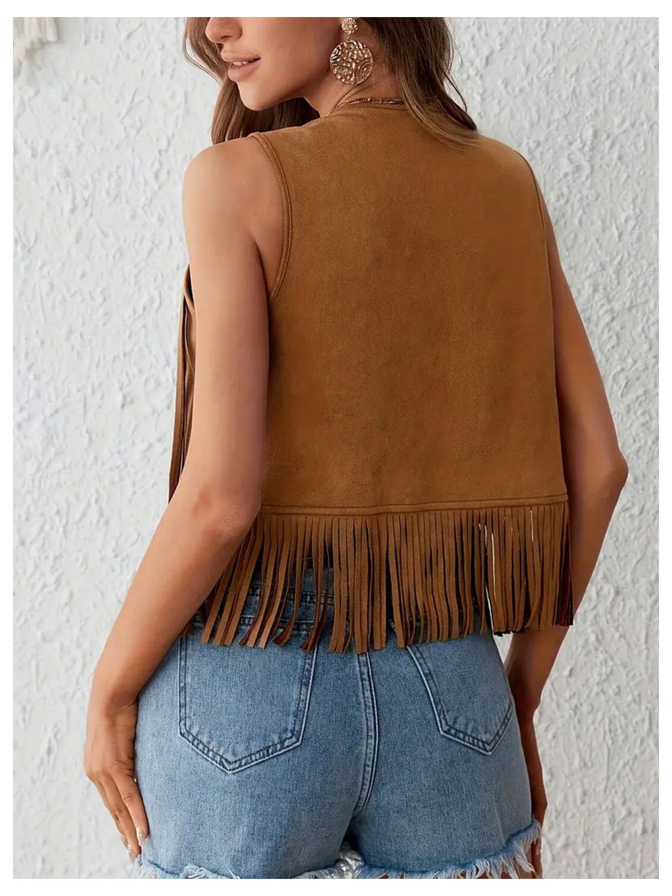 GORGLITTER Women's Western Fringe Vest Jackets Sleeveless Cowgirl 70s Hippie Faux Suede Cropped Jacket Rodeo Outfits Khaki Medium